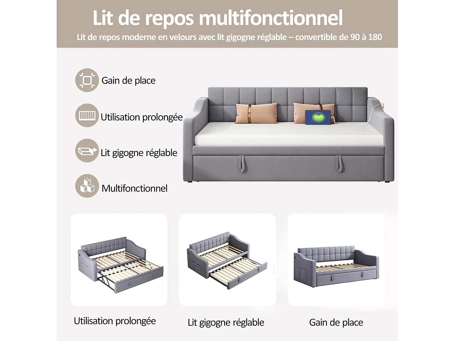 Canapé-Lit 2-en-1 Multifonction 90/180 cm, Tissu Velours Gris, Canapé avec Prise et Poche de Rangement