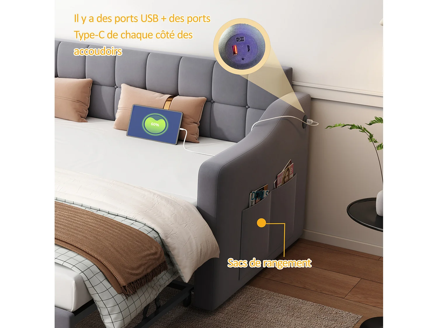 Canapé-Lit 2-en-1 Multifonction 90/180 cm, Tissu Velours Gris, Canapé avec Prise et Poche de Rangement