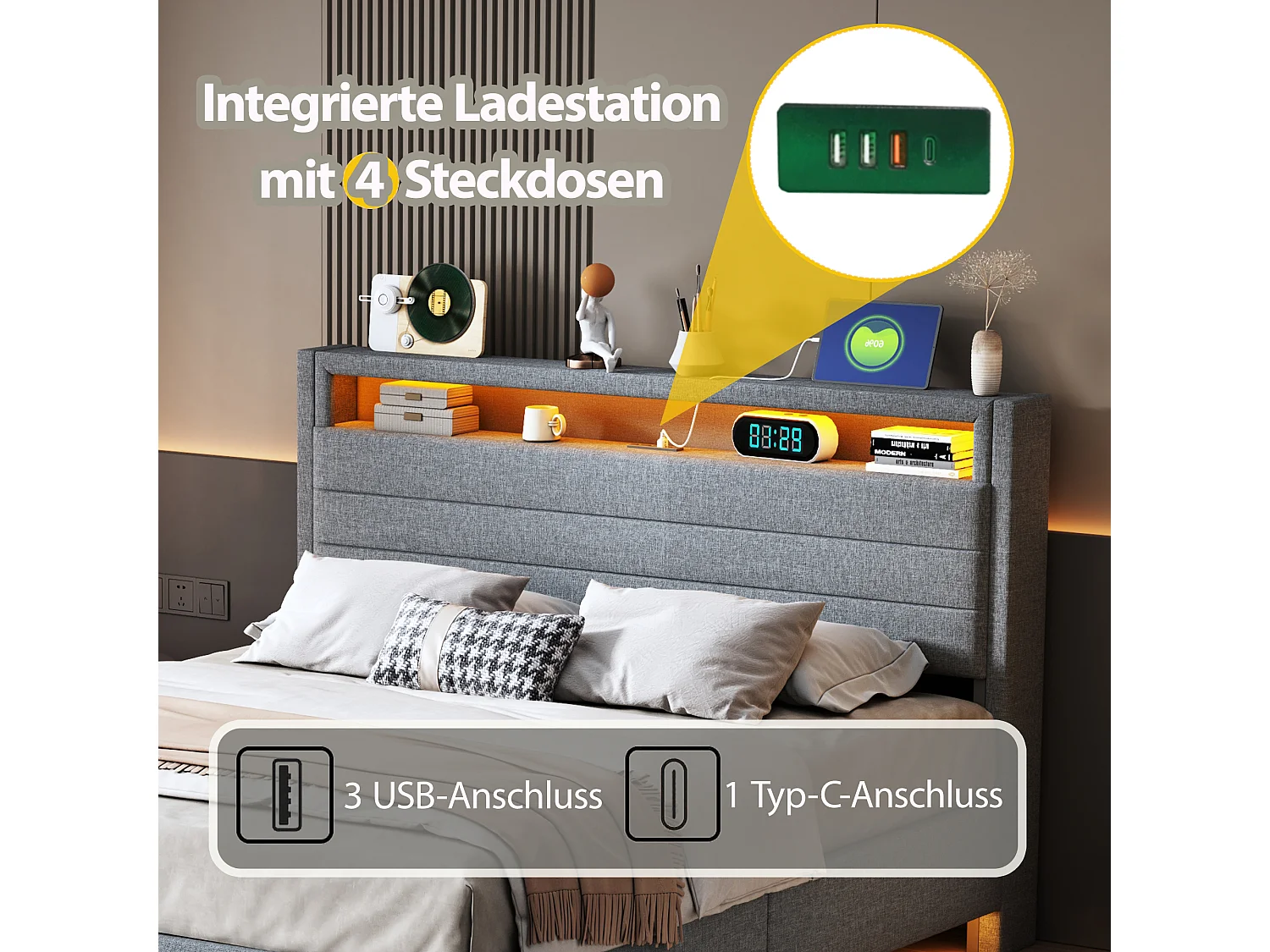 Lit 140x200 cm, Cadre Flottant avec Rangement, Prise USB, LED, Tête Réversible - Lin Gris