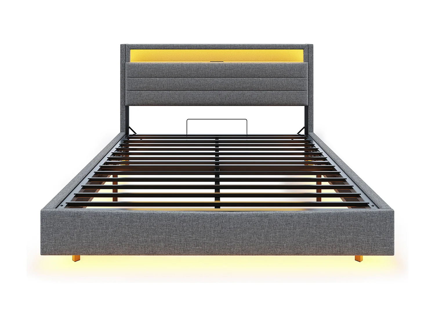 Lit 140x200 cm, Cadre Flottant avec Rangement, Prise USB, LED, Tête Réversible - Lin Gris