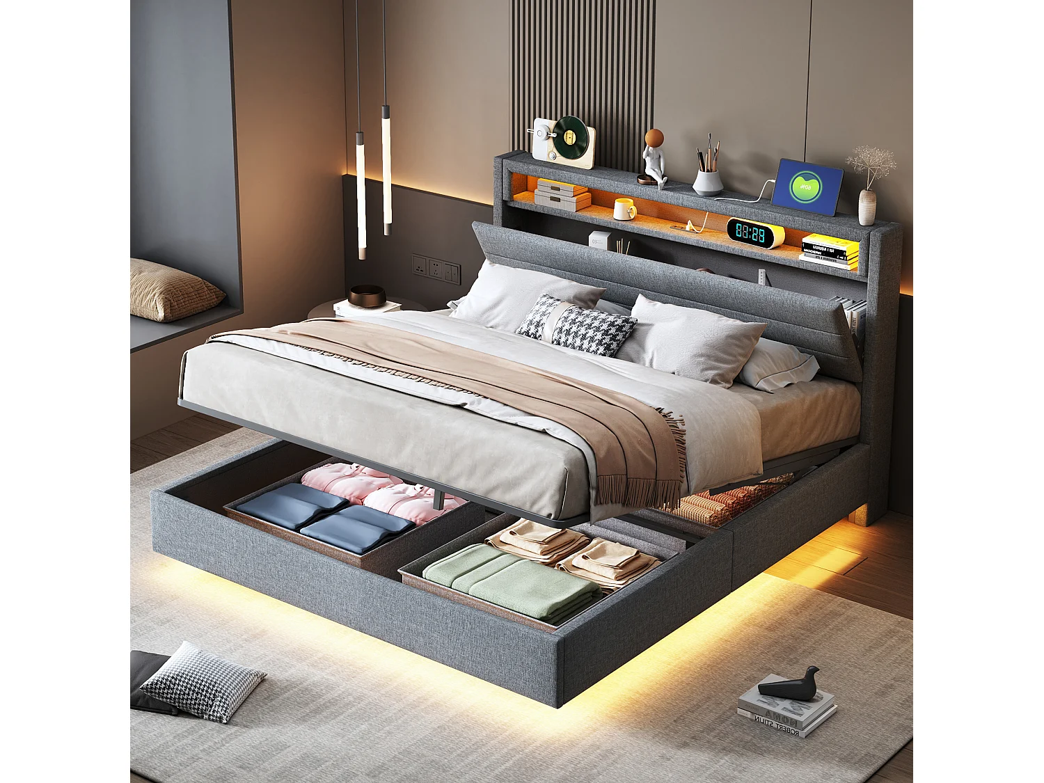Cama de 140x200 cm, estructura flotante con almacenaje, puerto USB, LED, cabecero reversible - Lino gris