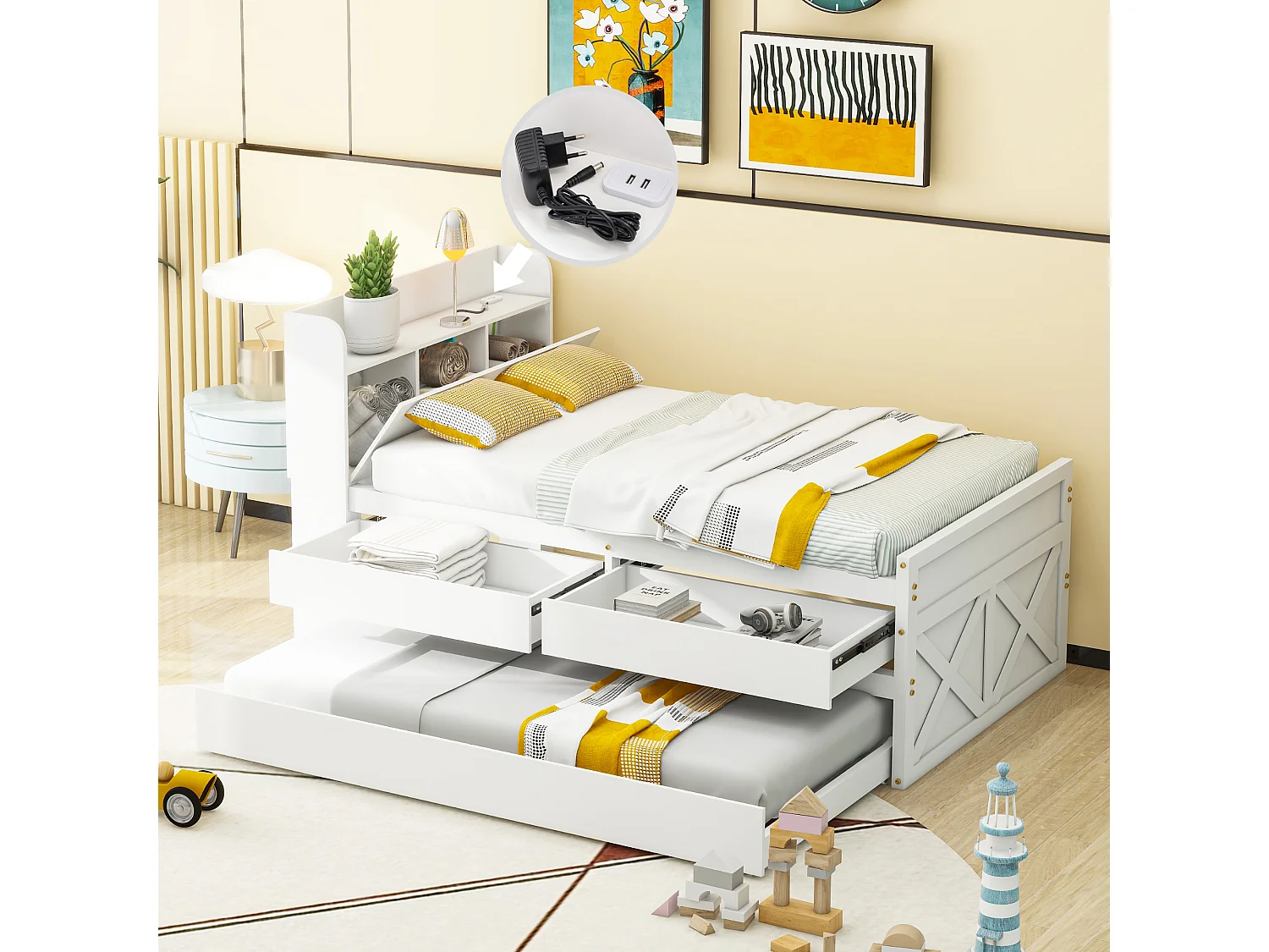 Letto singolo in legno massello 90x190 cm, multifunzionale con cassetto estraibile, rete a doghe, comodino con ripiani e porta USB - Bianco