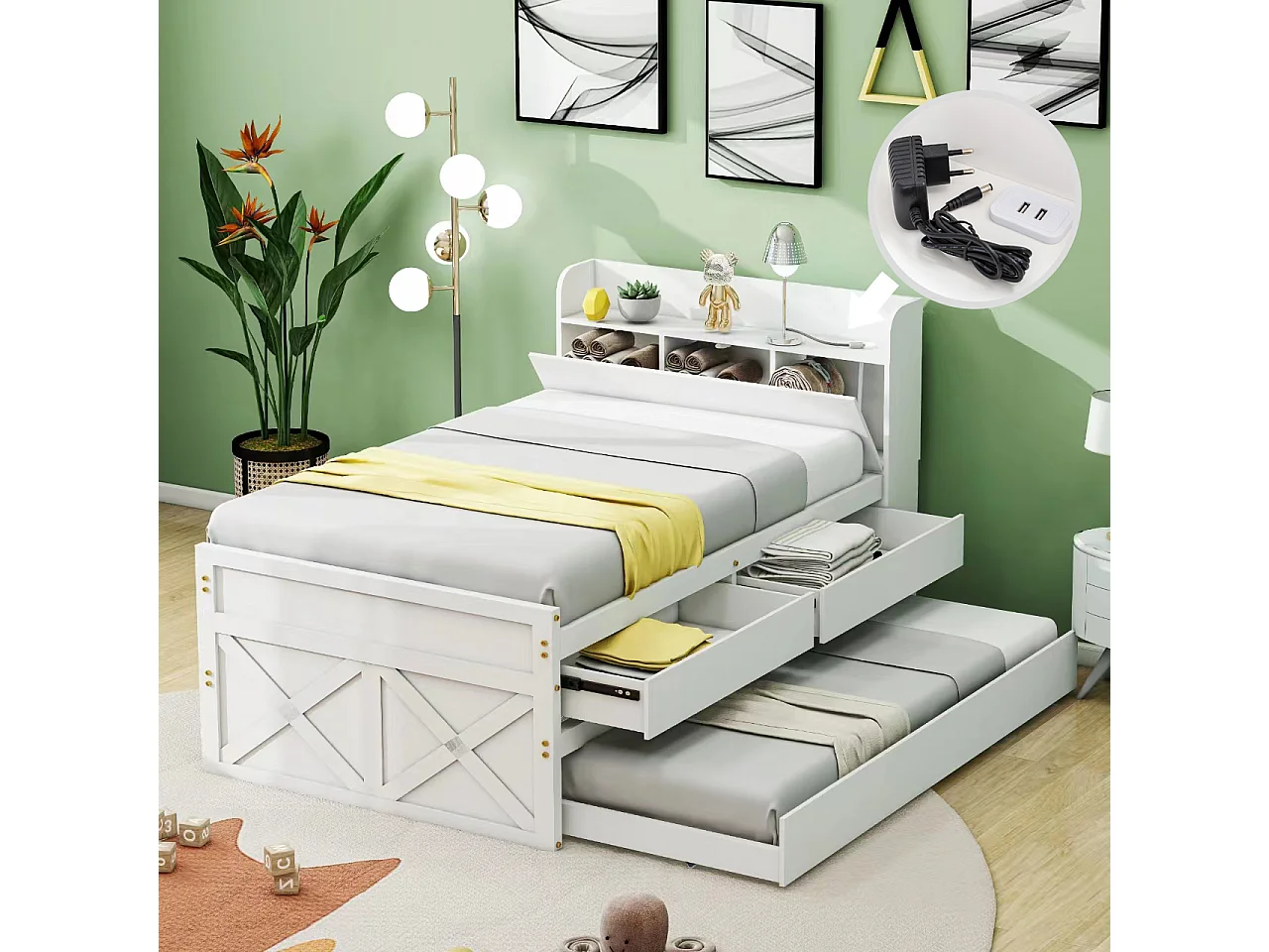 Letto singolo in legno massello 90x190 cm, multifunzionale con cassetto estraibile, rete a doghe, comodino con ripiani e porta USB - Bianco
