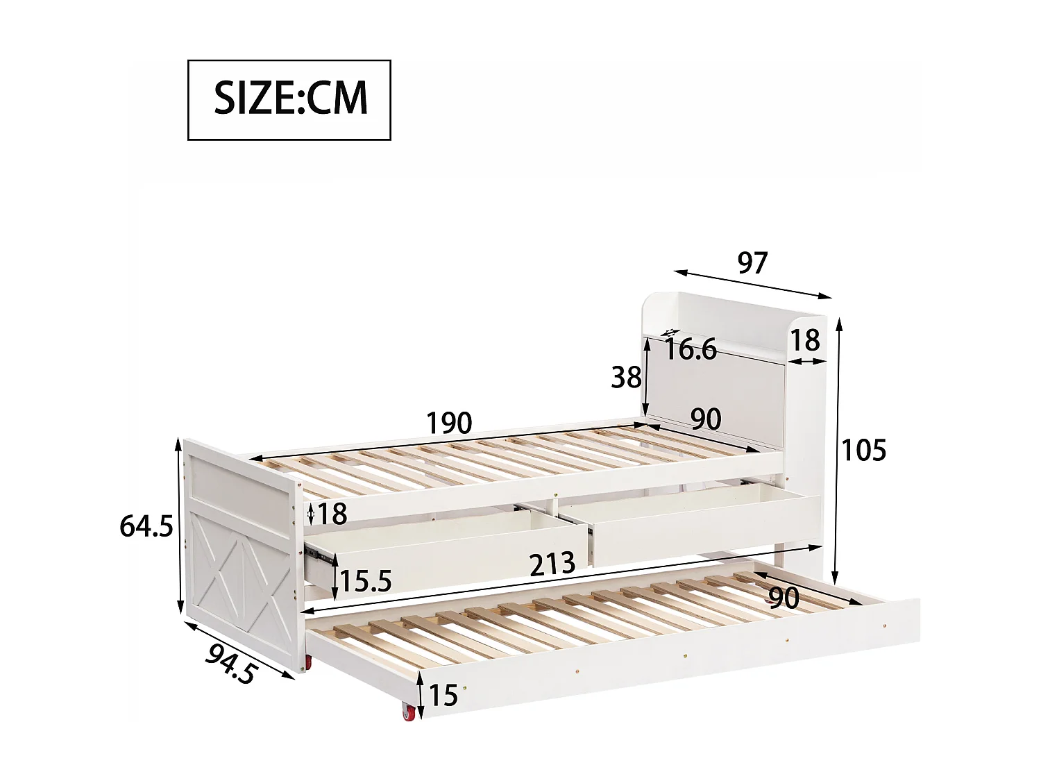 Letto singolo in legno massello 90x190 cm, multifunzionale con cassetto estraibile, rete a doghe, comodino con ripiani e porta USB - Bianco