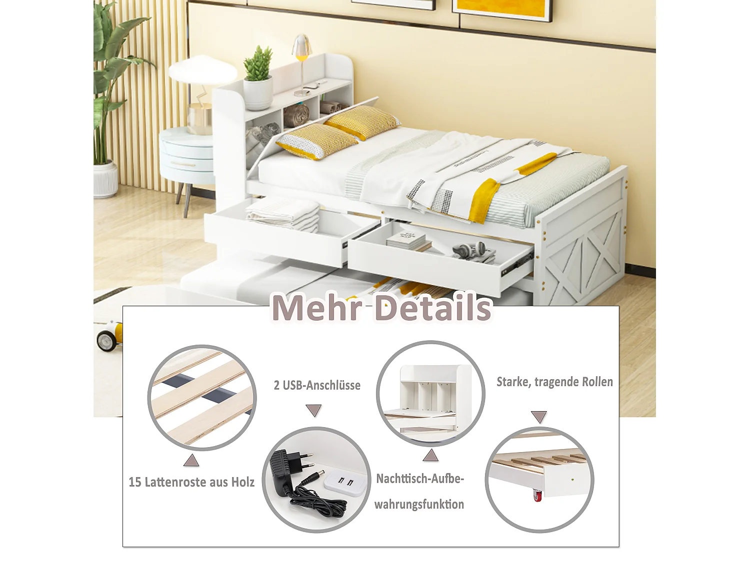 Letto singolo in legno massello 90x190 cm, multifunzionale con cassetto estraibile, rete a doghe, comodino con ripiani e porta USB - Bianco