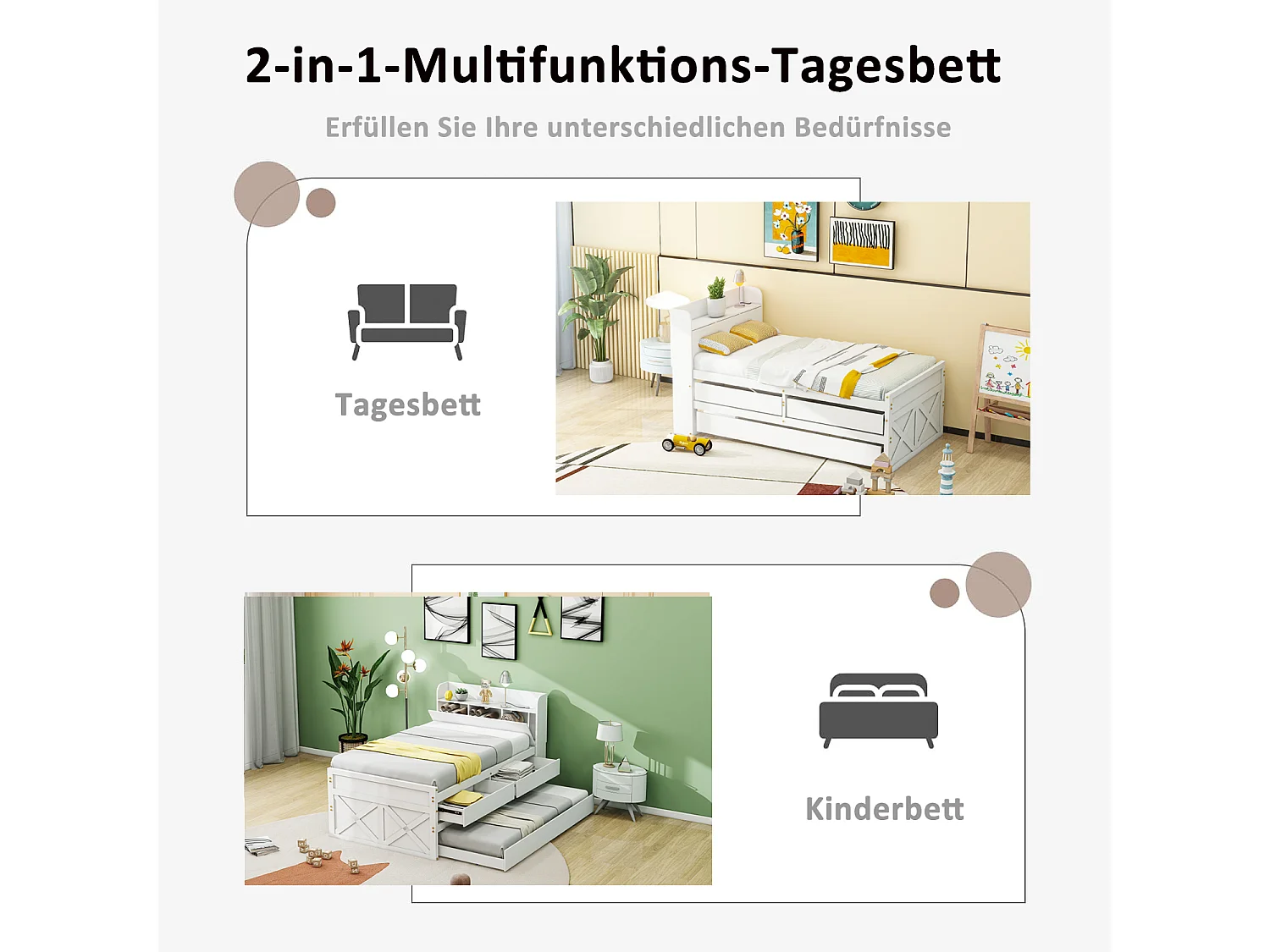 Letto singolo in legno massello 90x190 cm, multifunzionale con cassetto estraibile, rete a doghe, comodino con ripiani e porta USB - Bianco
