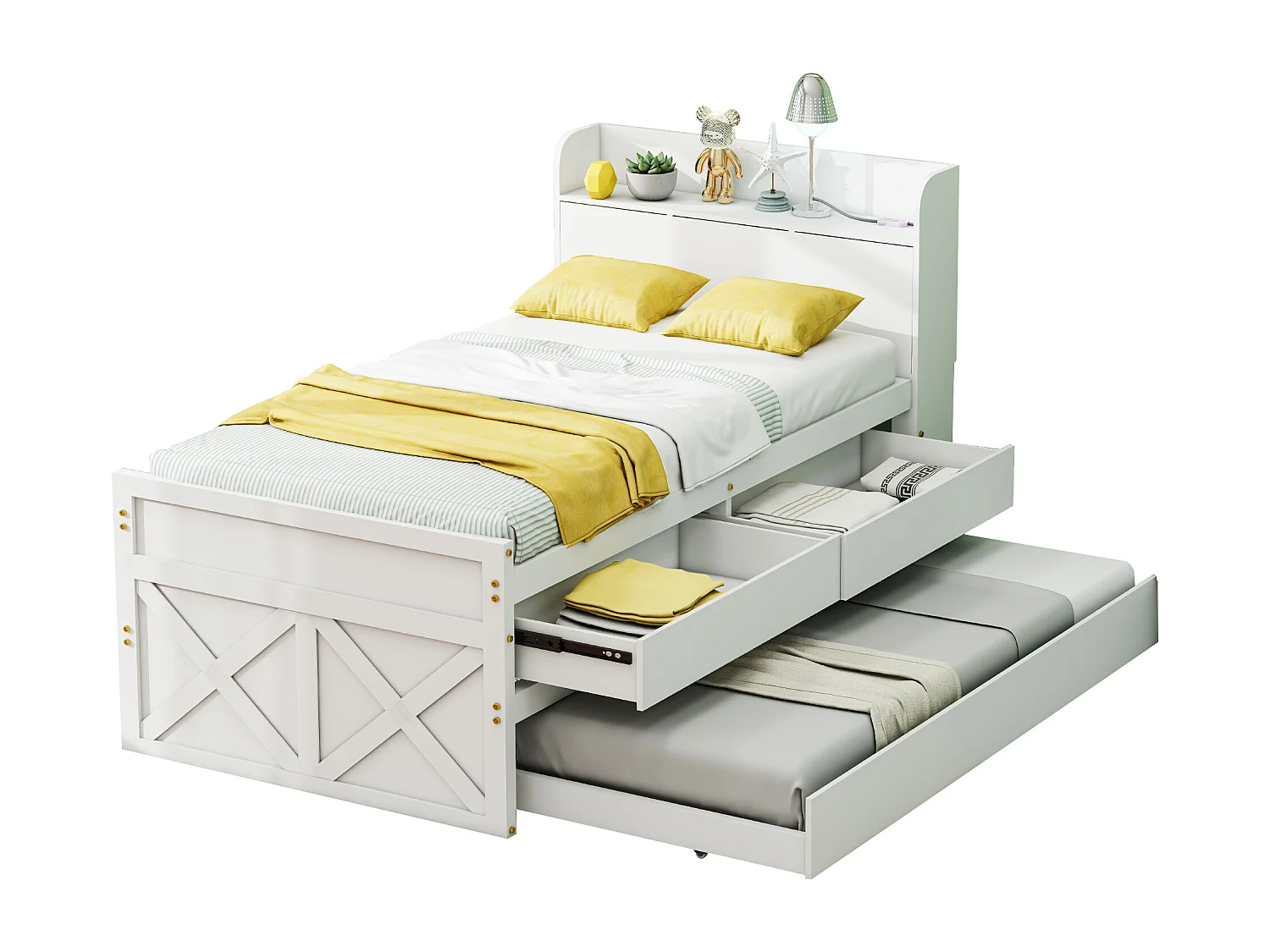 Letto singolo in legno massello 90x190 cm, multifunzionale con cassetto estraibile, rete a doghe, comodino con ripiani e porta USB - Bianco