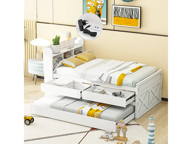 Lit Simple en Bois Massif 90x190 cm, Multifonction avec Tiroir Extractible, Sommier à Lattes, Table de Chevet avec Étageres et Prise USB - Blanc