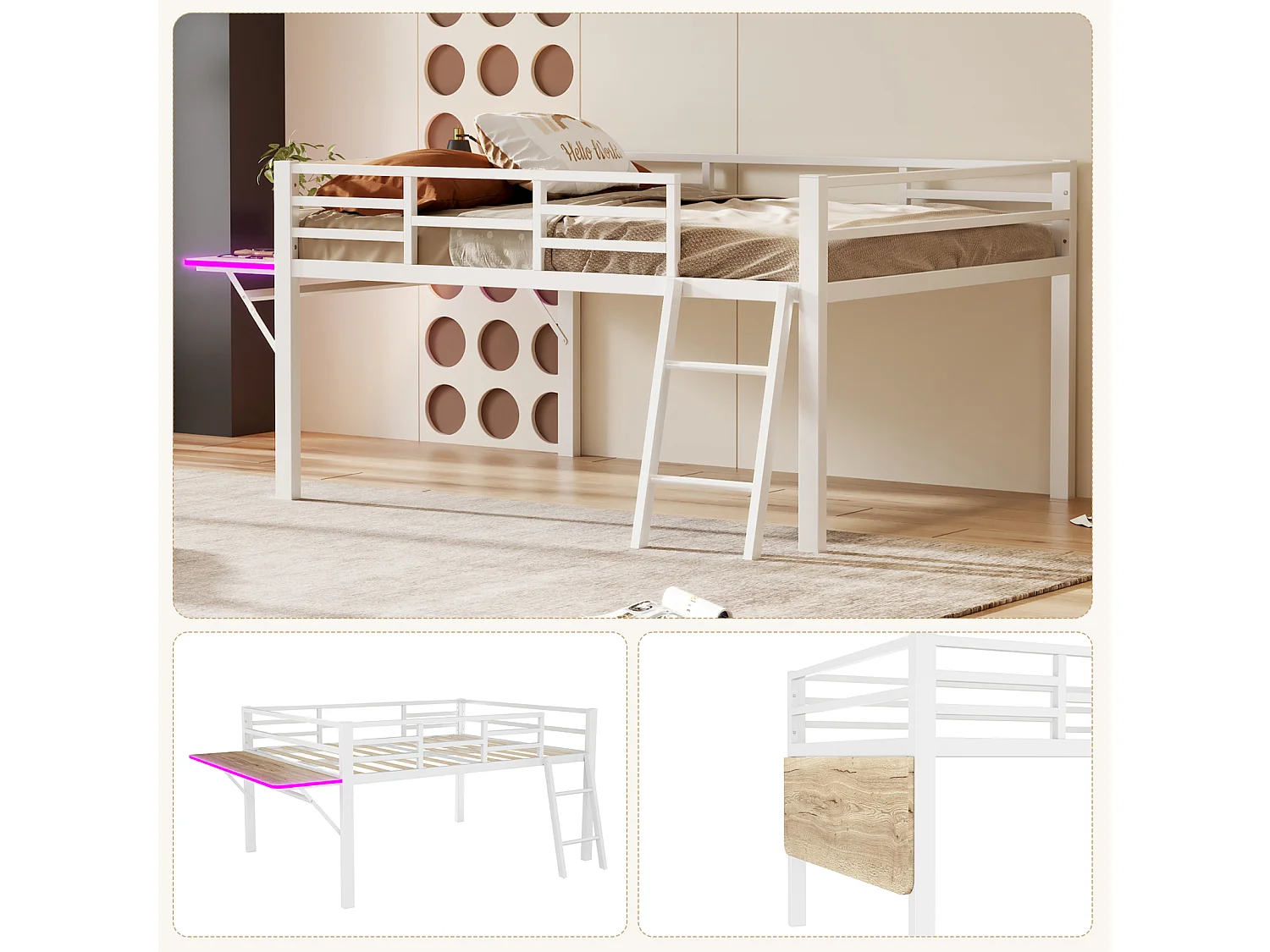 Lit Plateforme 140x200 cm, Lit en Métal avec Garde-Corps, Échelle, Bureau, Bande LED Télécommandée - Blanc