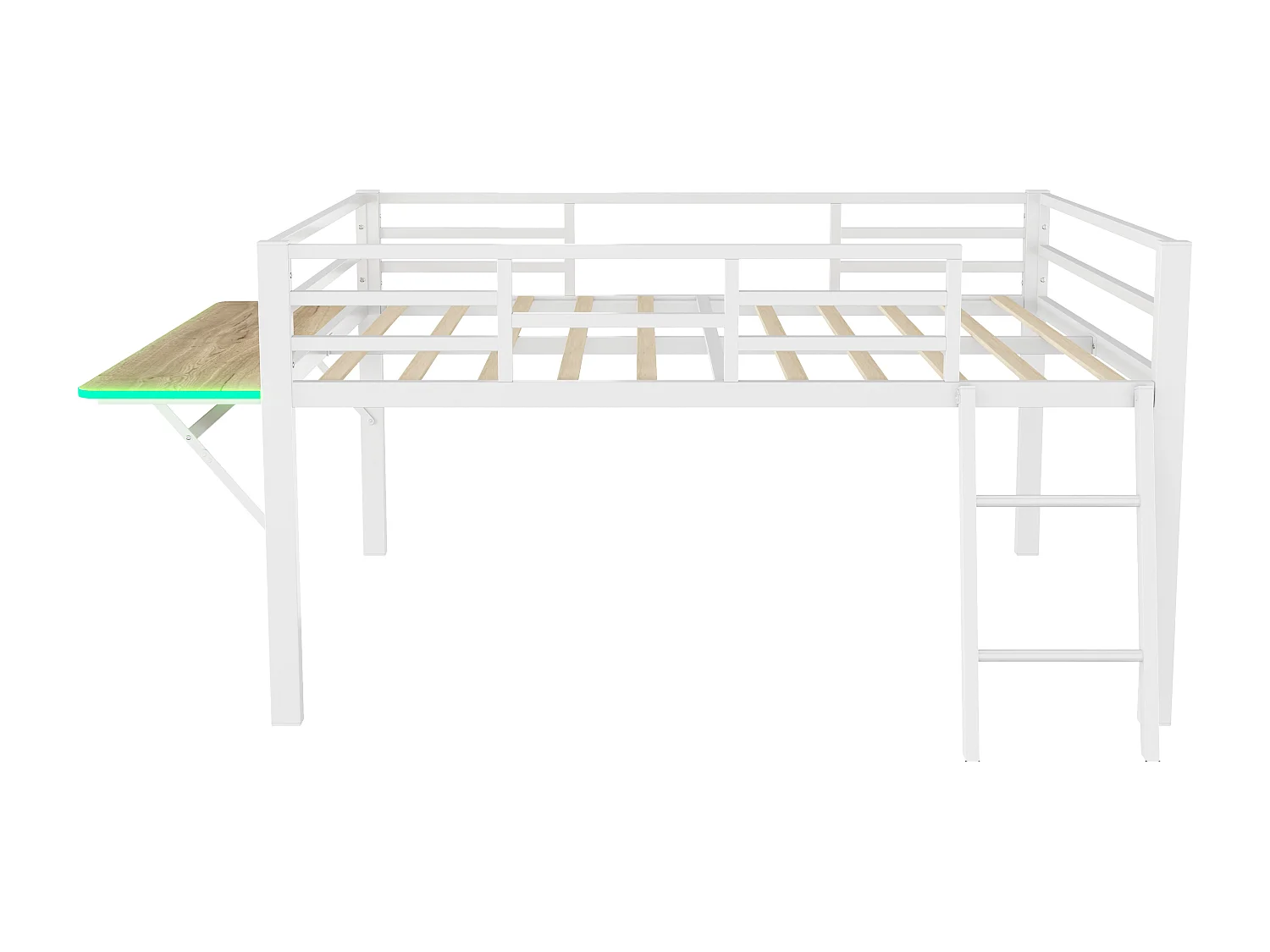 Lit Plateforme 140x200 cm, Lit en Métal avec Garde-Corps, Échelle, Bureau, Bande LED Télécommandée - Blanc