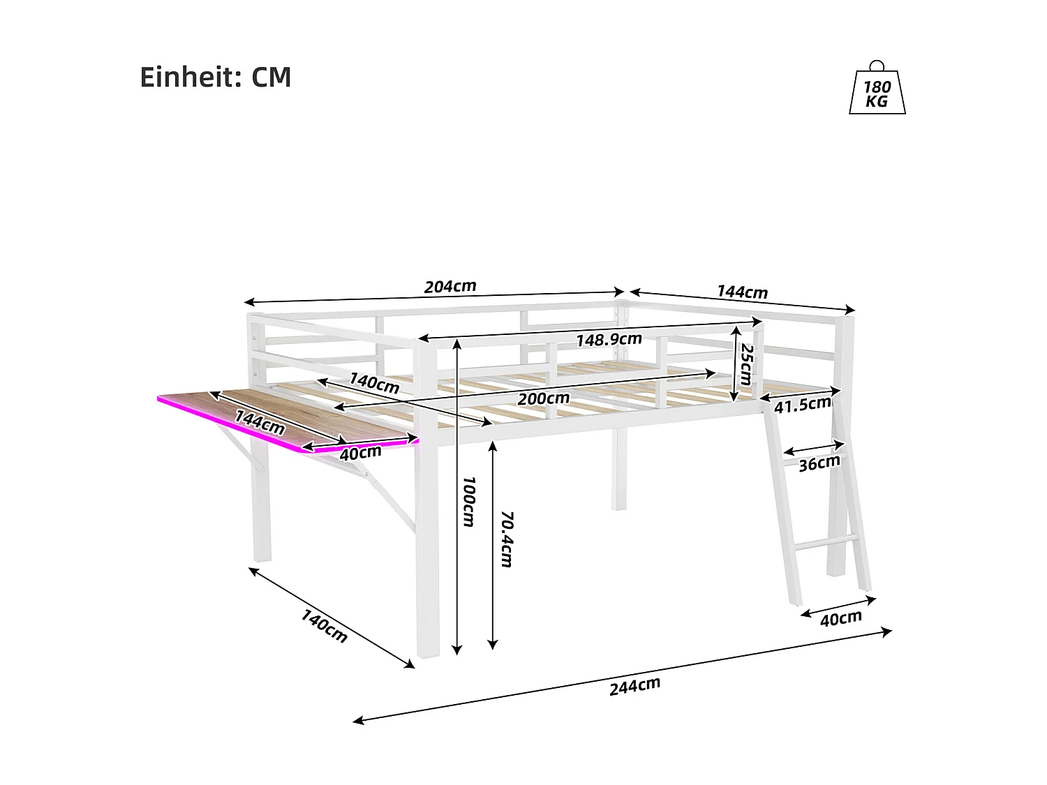 Lit Plateforme 140x200 cm, Lit en Métal avec Garde-Corps, Échelle, Bureau, Bande LED Télécommandée - Blanc