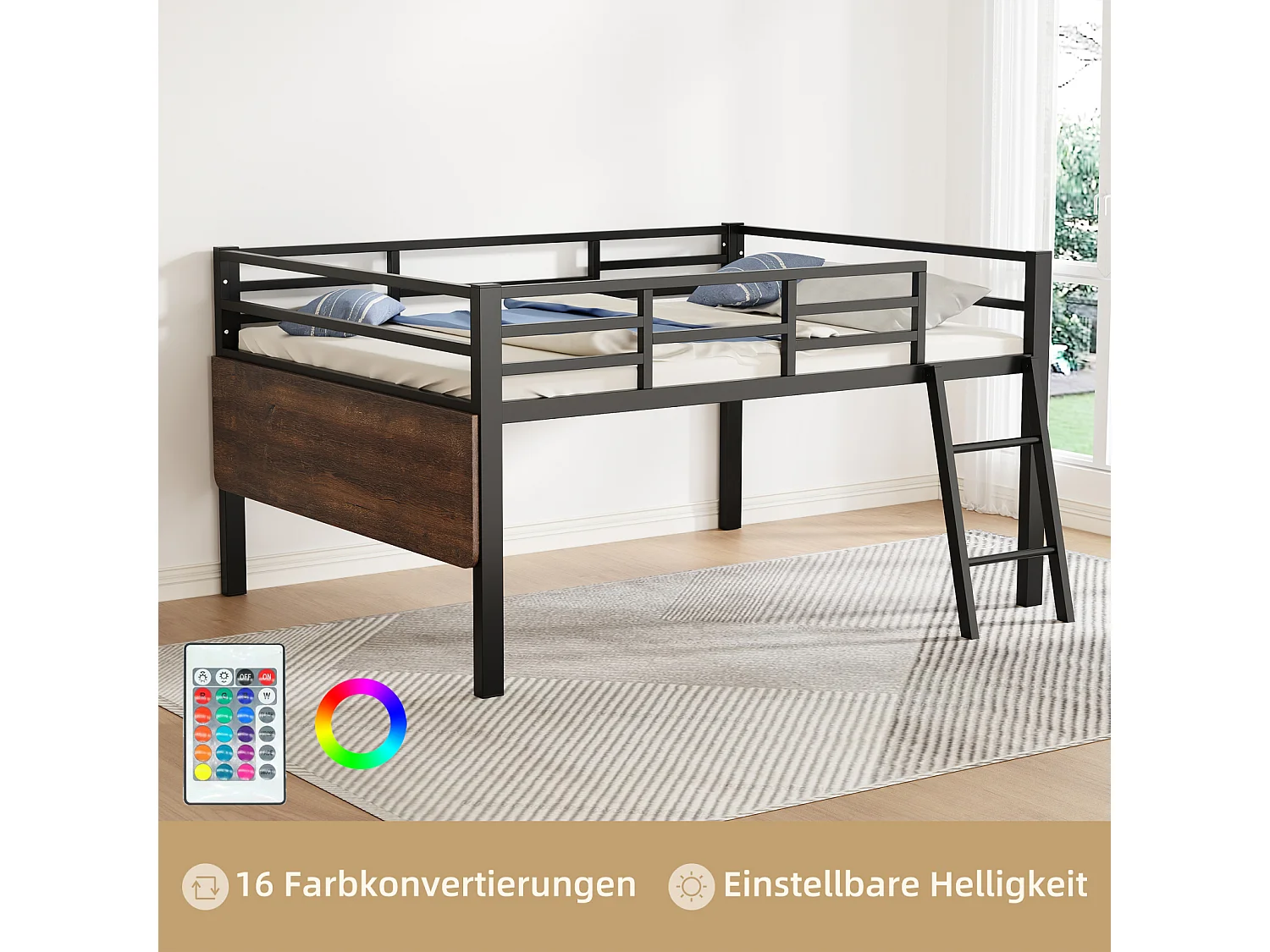 Lit Plateforme 140x200 cm, Lit en Métal avec Garde-Corps, Échelle, Bureau, Bande LED Télécommandée - Noir