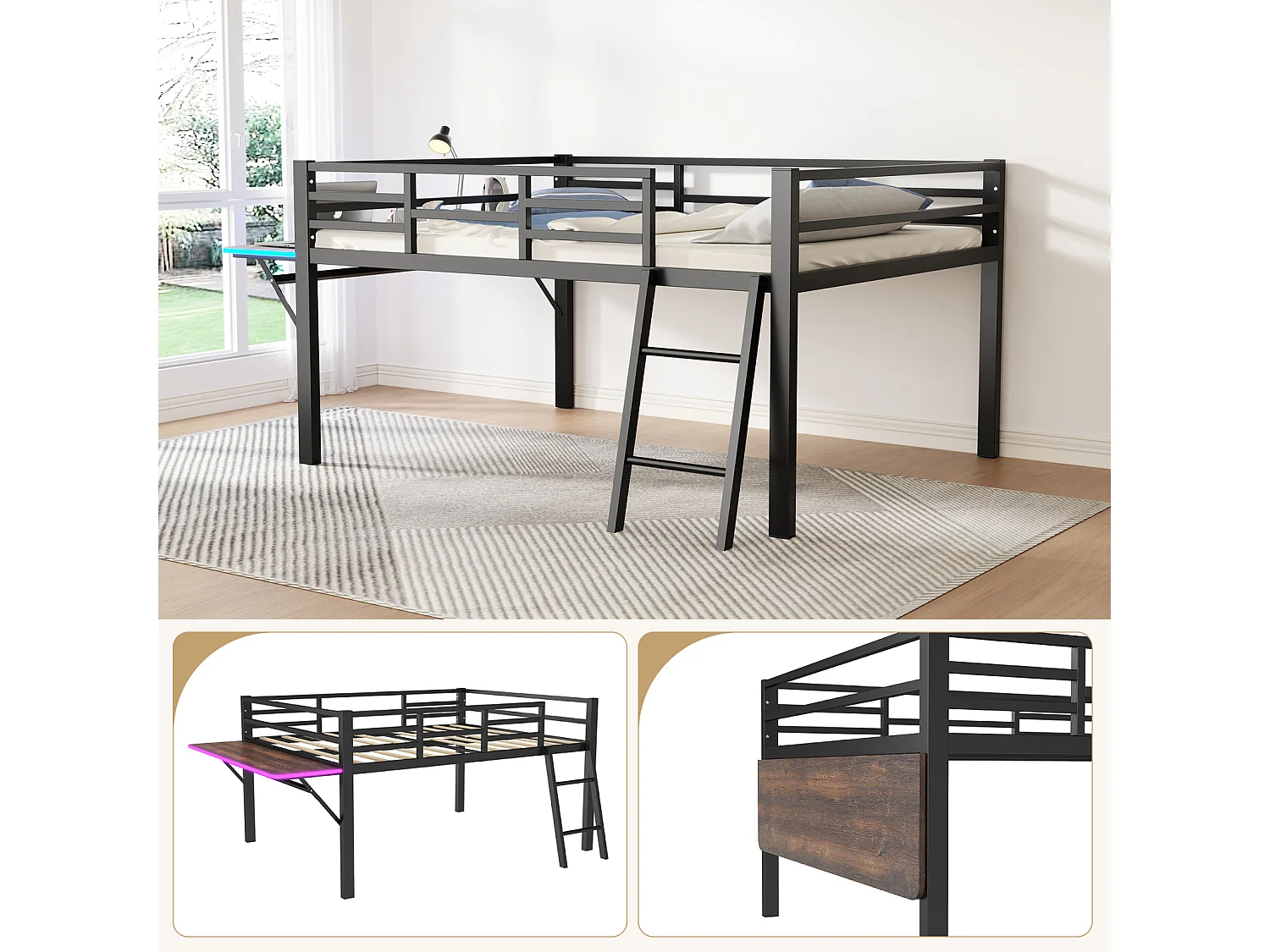 Lit Plateforme 140x200 cm, Lit en Métal avec Garde-Corps, Échelle, Bureau, Bande LED Télécommandée - Noir