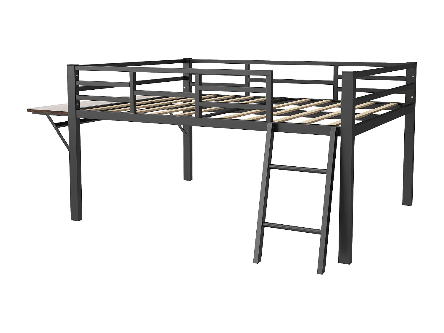 Lit Plateforme 140x200 cm, Lit en Métal avec Garde-Corps, Échelle, Bureau, Bande LED Télécommandée - Noir