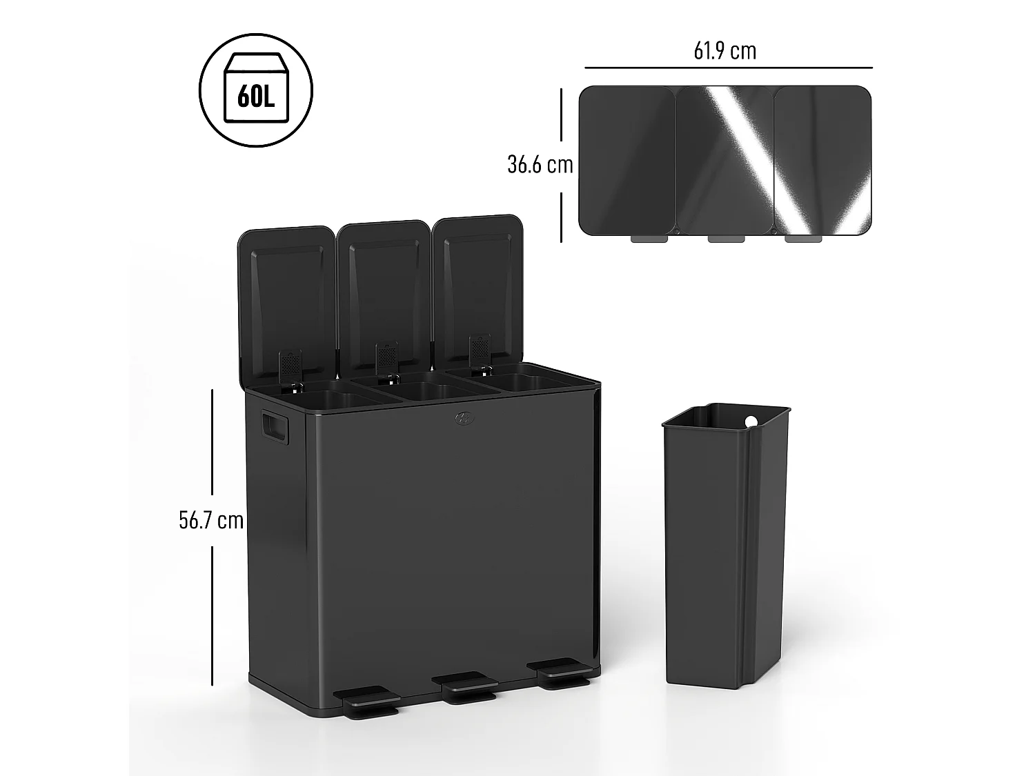 Bidone immondizia a 3 sezioni da 20l in acciaio e pp nero