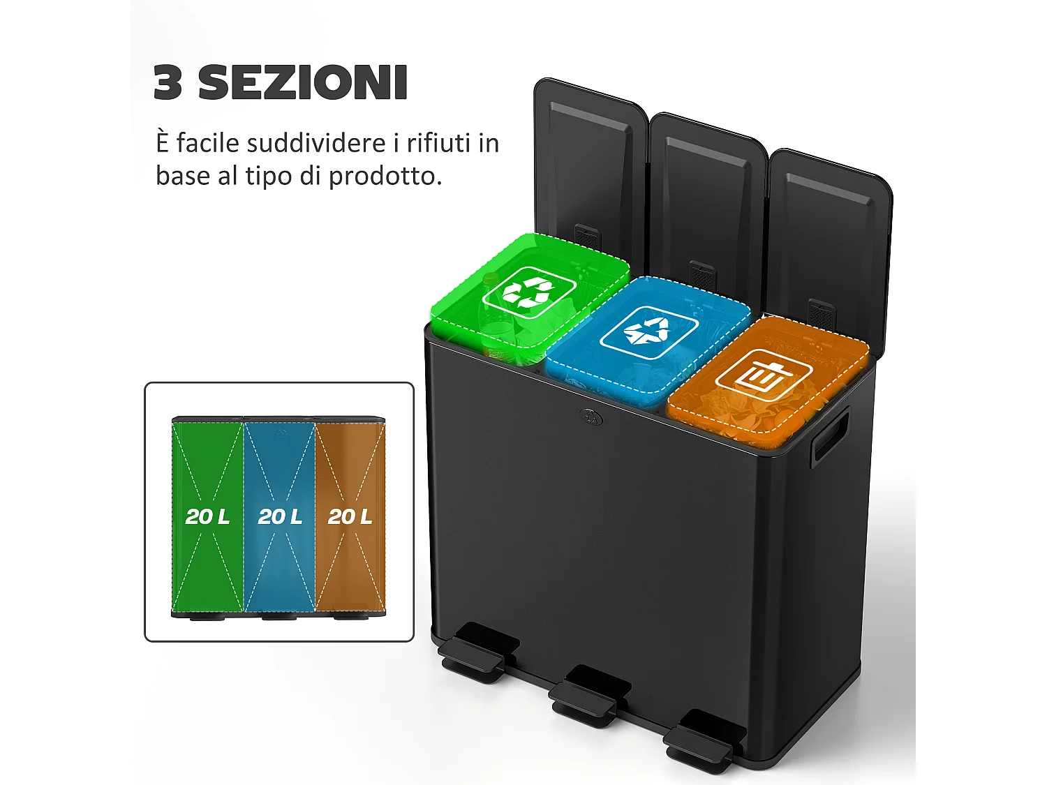 Bidone immondizia a 3 sezioni da 20l in acciaio e pp nero