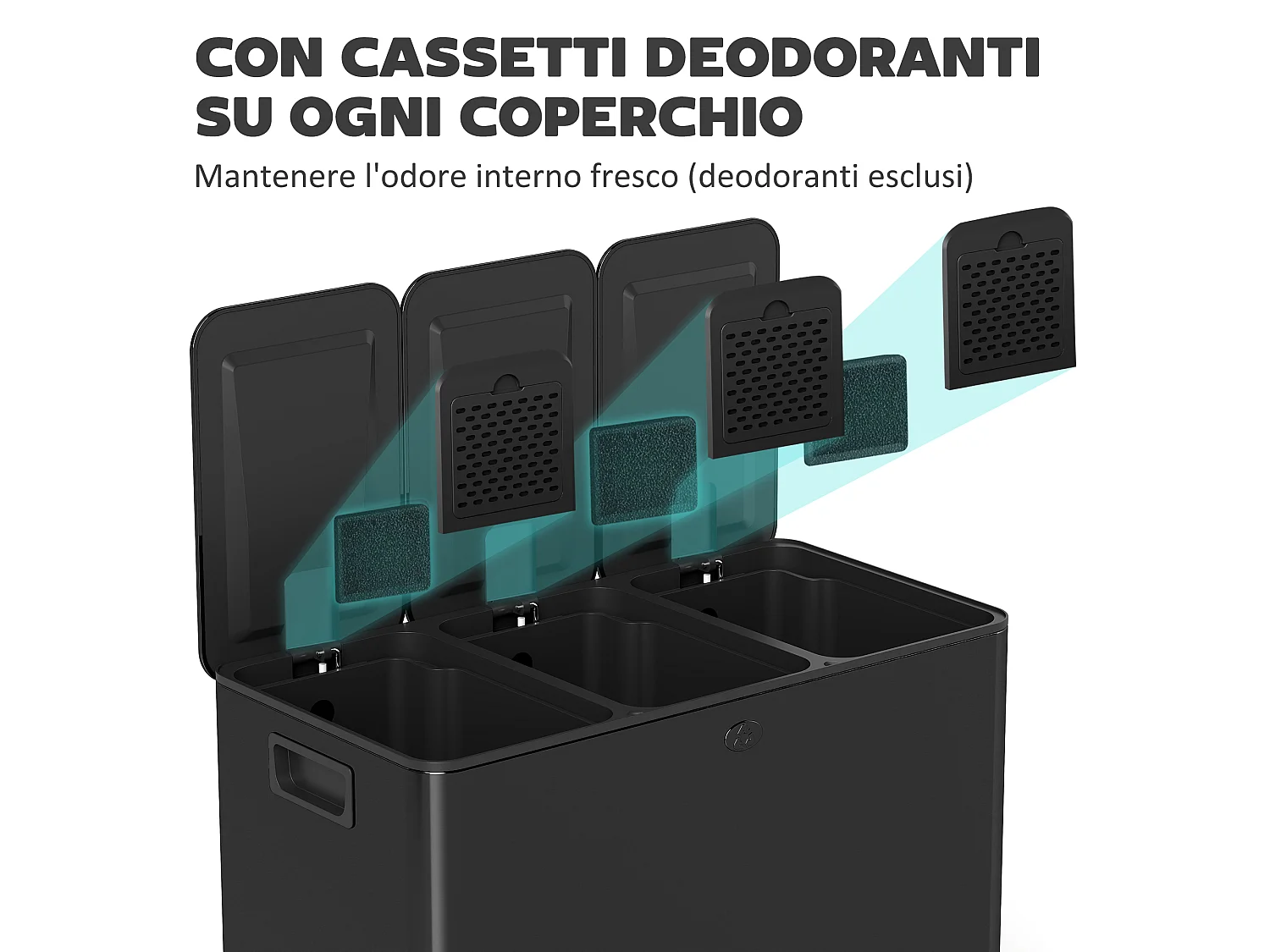 Bidone immondizia a 3 sezioni da 20l in acciaio e pp nero