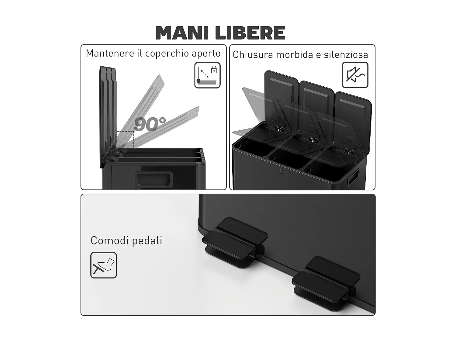 Bidone immondizia a 3 sezioni da 20l in acciaio e pp nero