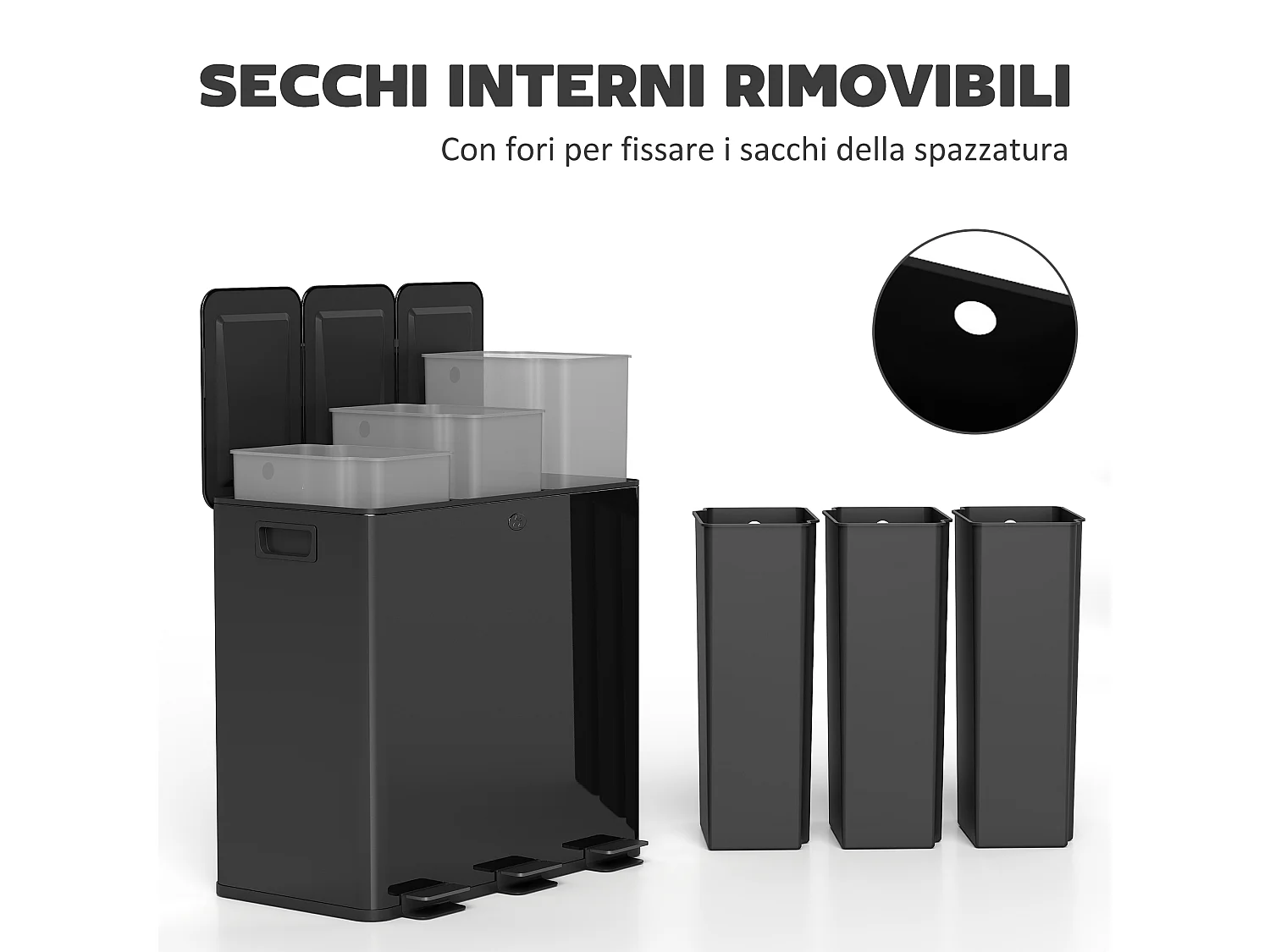 Bidone immondizia a 3 sezioni da 20l in acciaio e pp nero