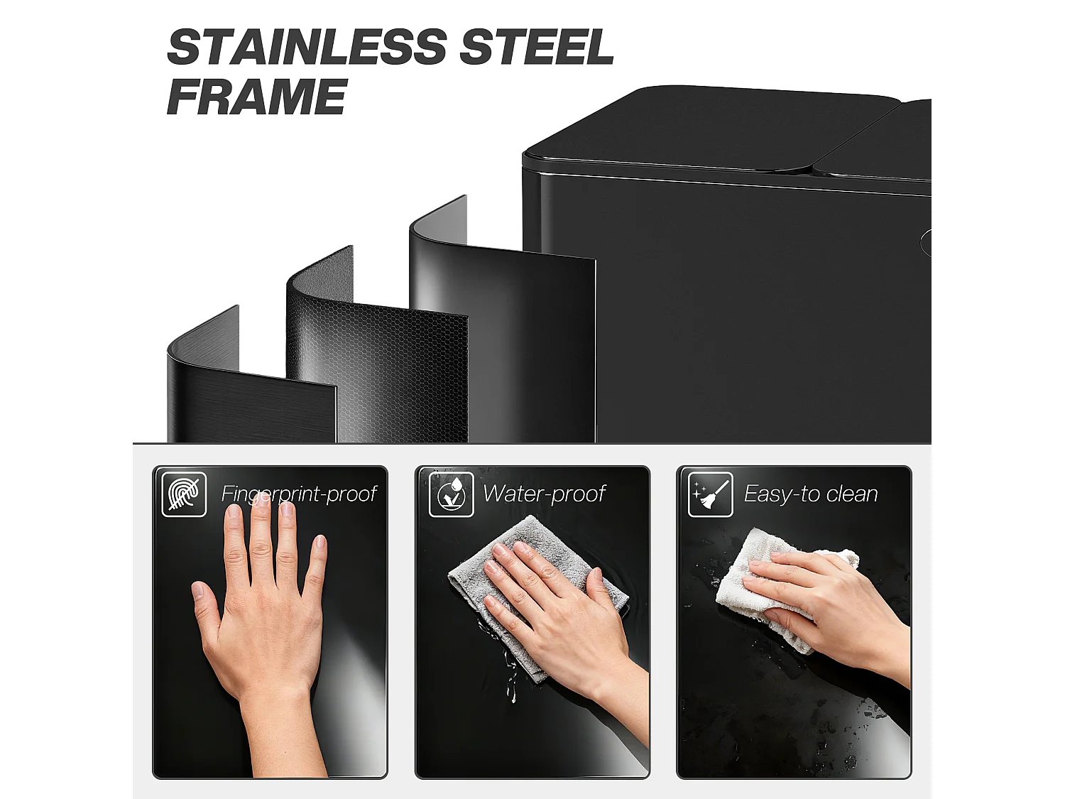 Bidone immondizia a 3 sezioni da 20l in acciaio e pp nero