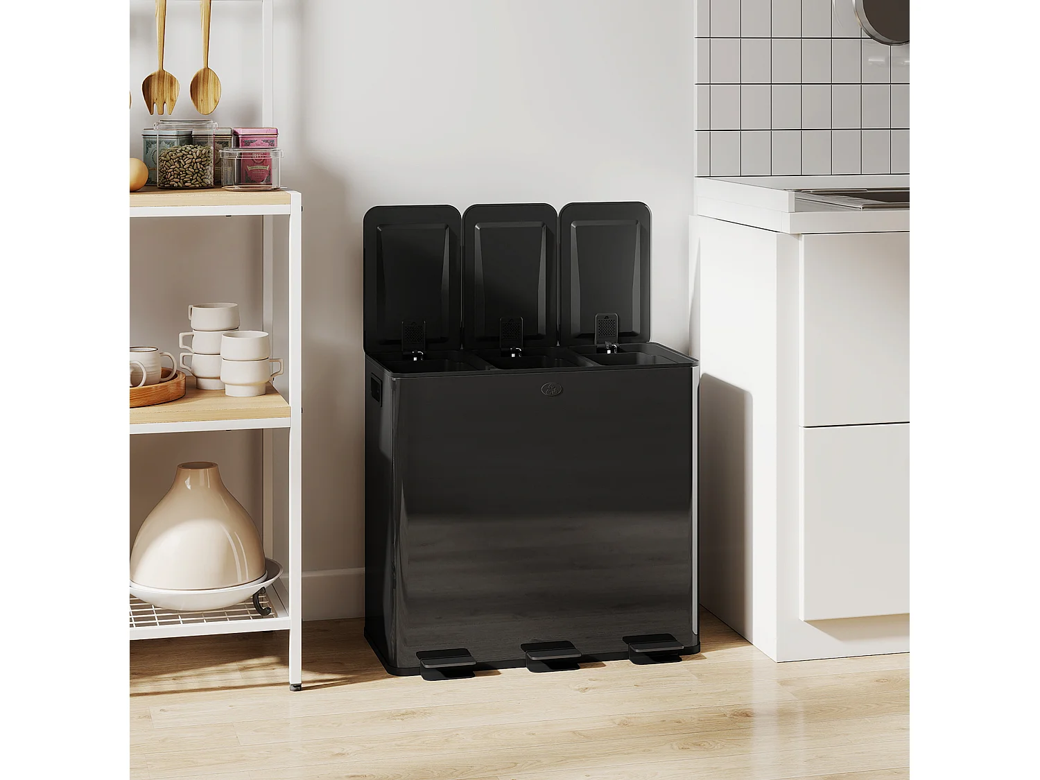 Bidone immondizia a 3 sezioni da 20l in acciaio e pp nero