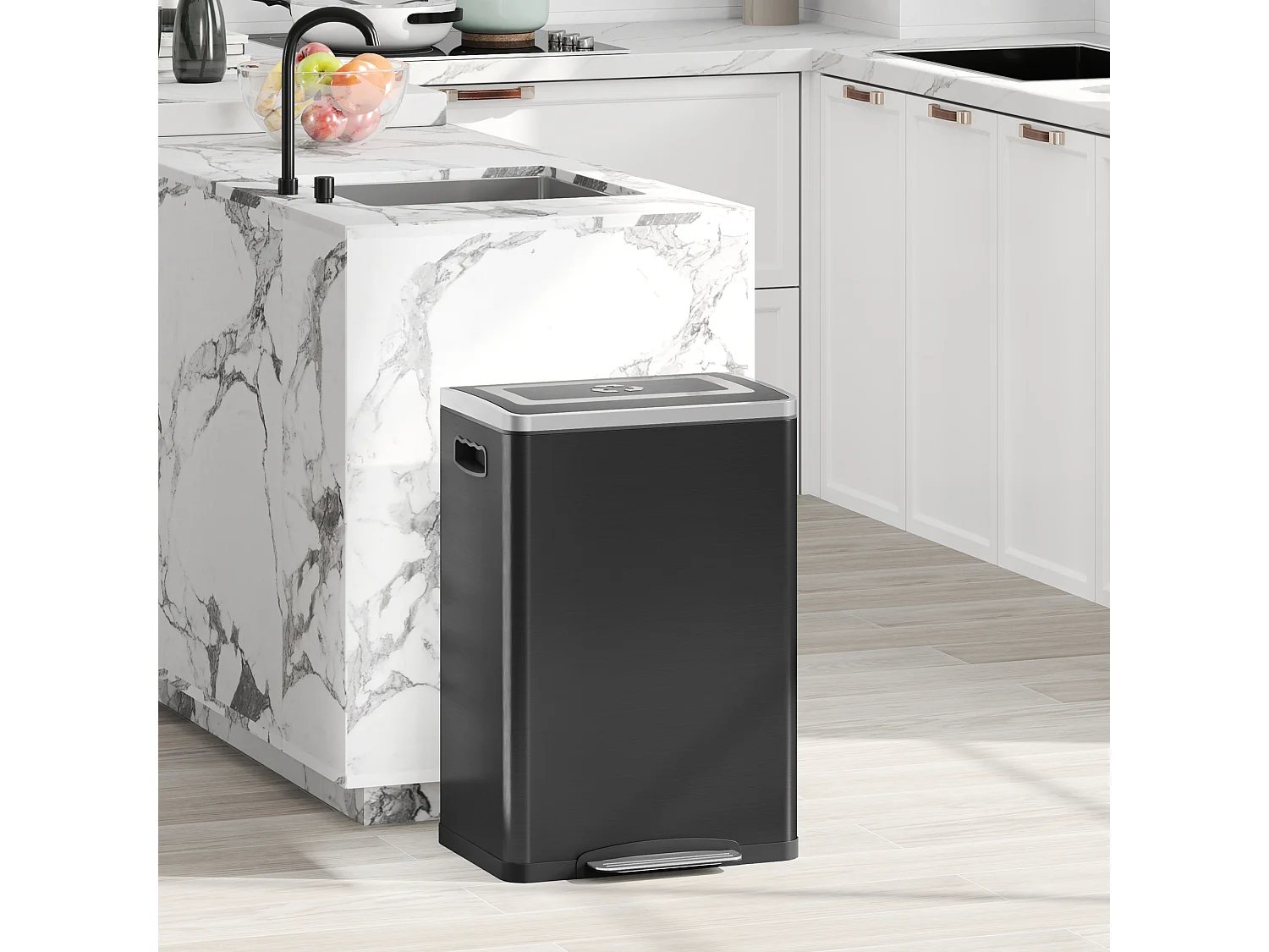 Bidone immondizia a 2 sezioni a pedale da 20l in acciaio e pp nero