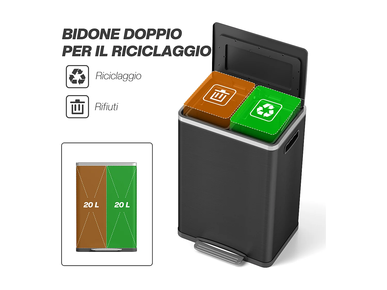 Bidone immondizia a 2 sezioni a pedale da 20l in acciaio e pp nero