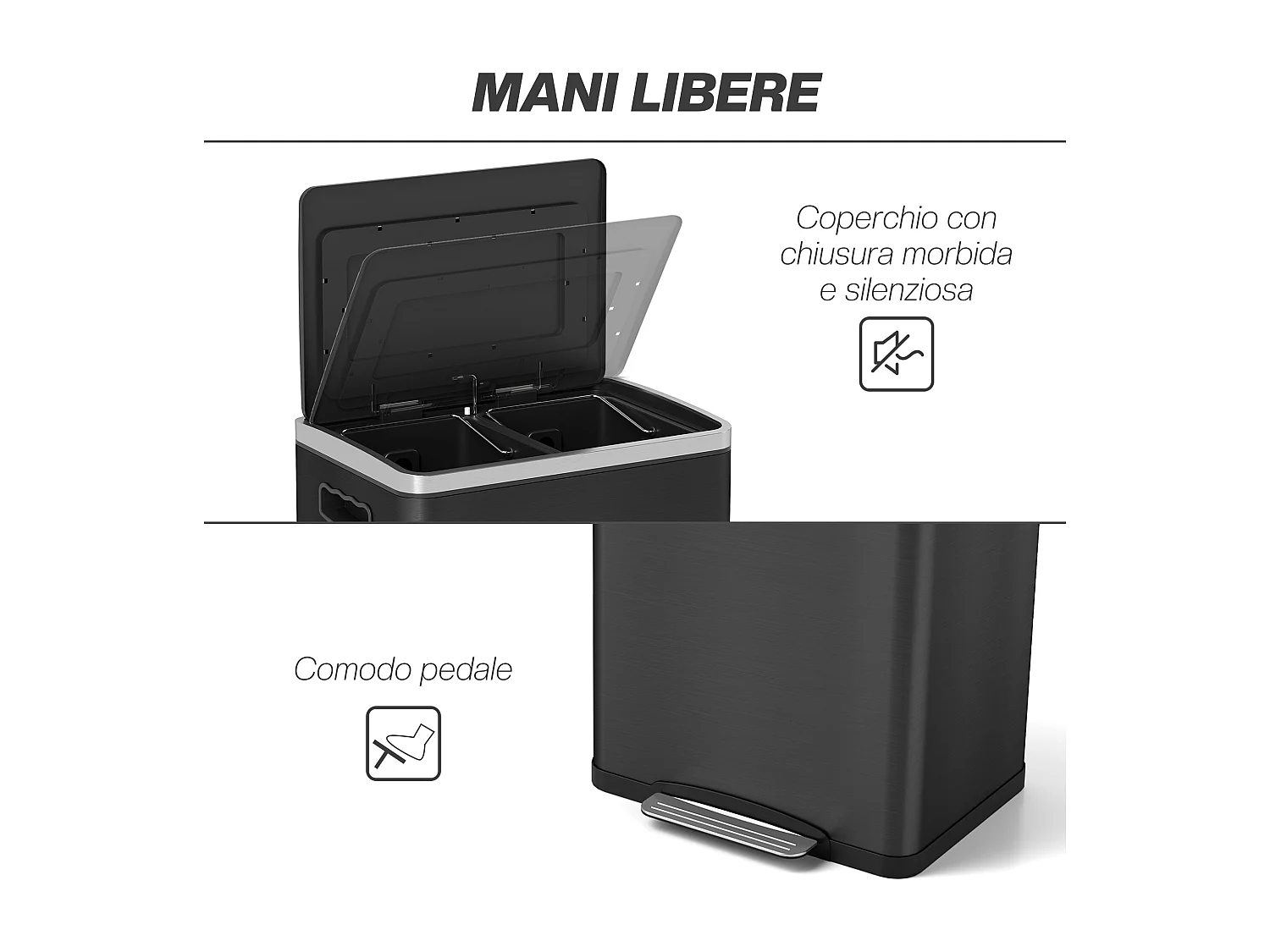 Bidone immondizia a 2 sezioni a pedale da 20l in acciaio e pp nero