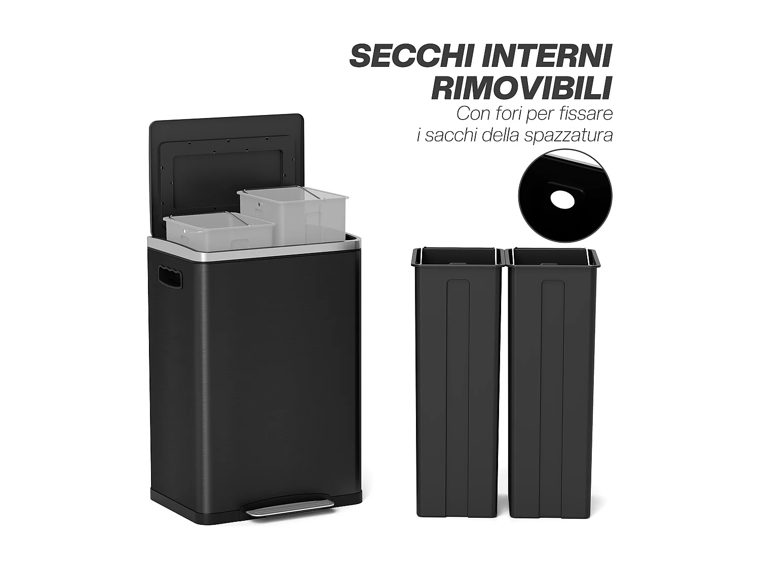 Bidone immondizia a 2 sezioni a pedale da 20l in acciaio e pp nero