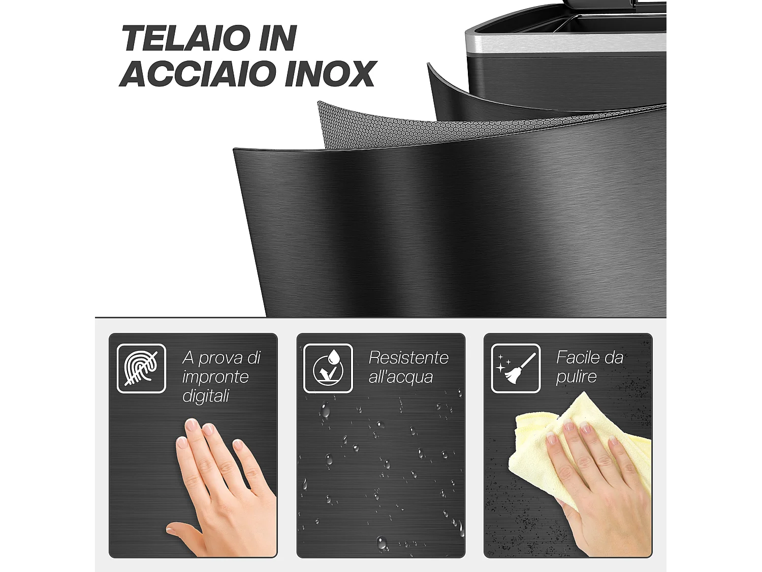 Bidone immondizia a 2 sezioni a pedale da 20l in acciaio e pp nero