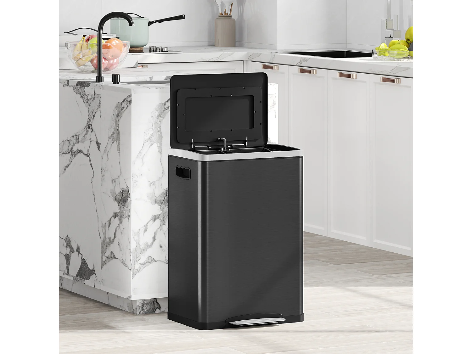 Bidone immondizia a 2 sezioni a pedale da 20l in acciaio e pp nero