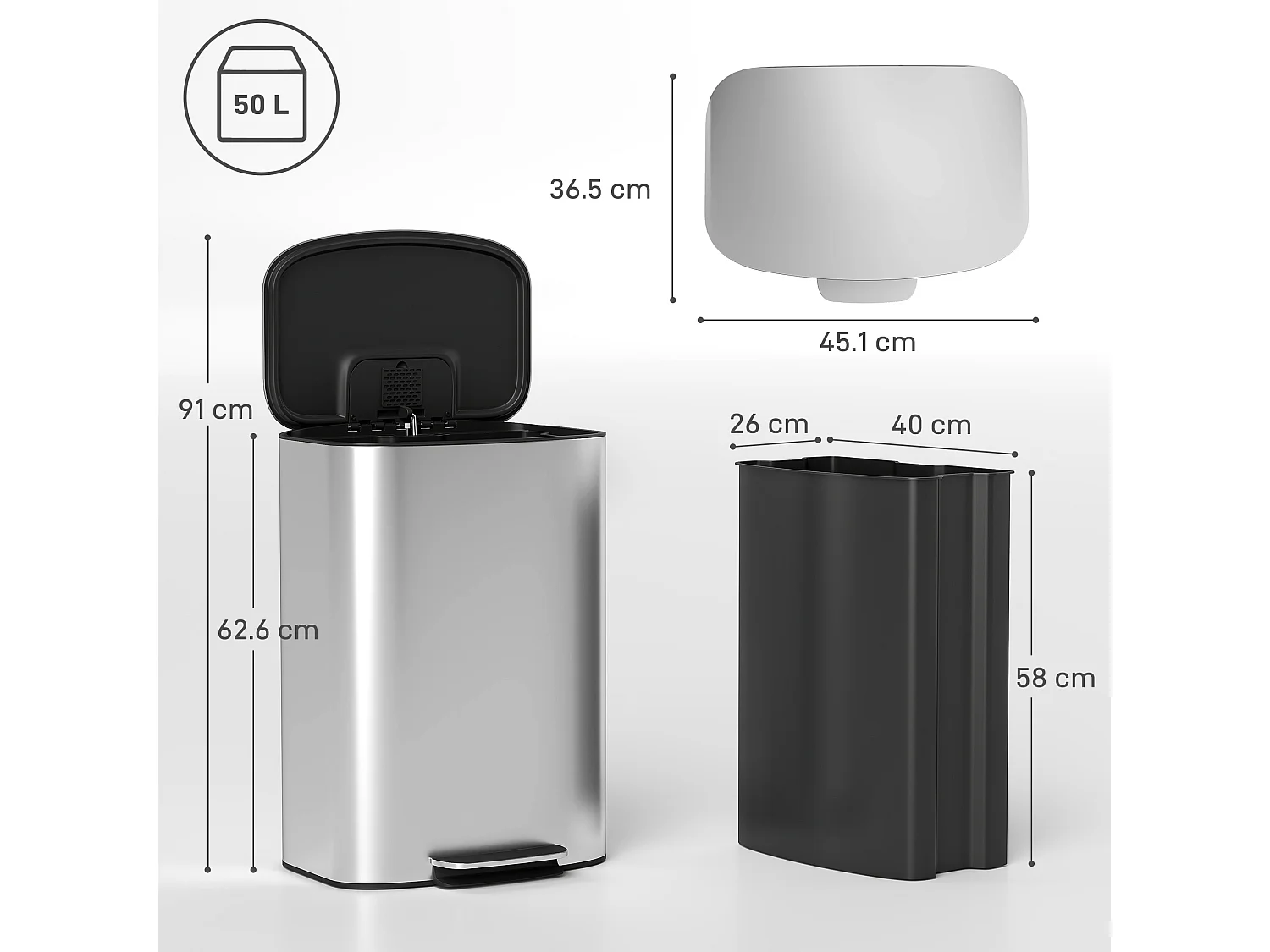 Pattumiera a pedale da 50 litri con secchio rimovibile in accio inox