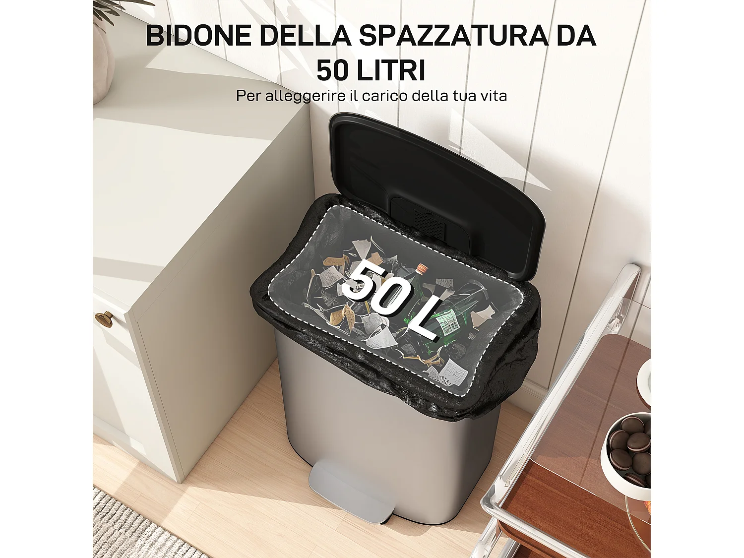 Pattumiera a pedale da 50 litri con secchio rimovibile in accio inox