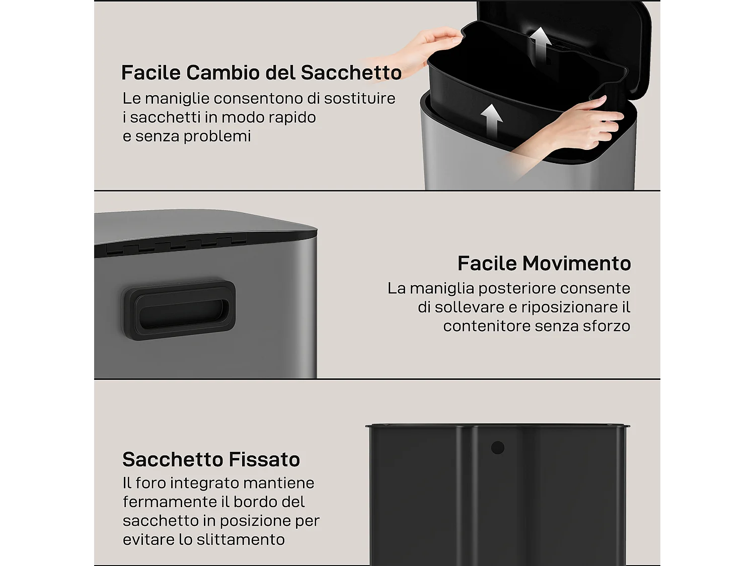 Pattumiera a pedale da 50 litri con secchio rimovibile in accio inox