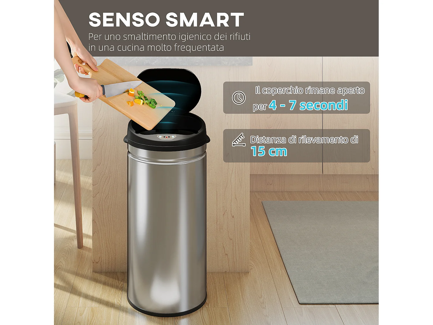 Cestino spazzatura 42l con sensore di movimento e apertura automatica