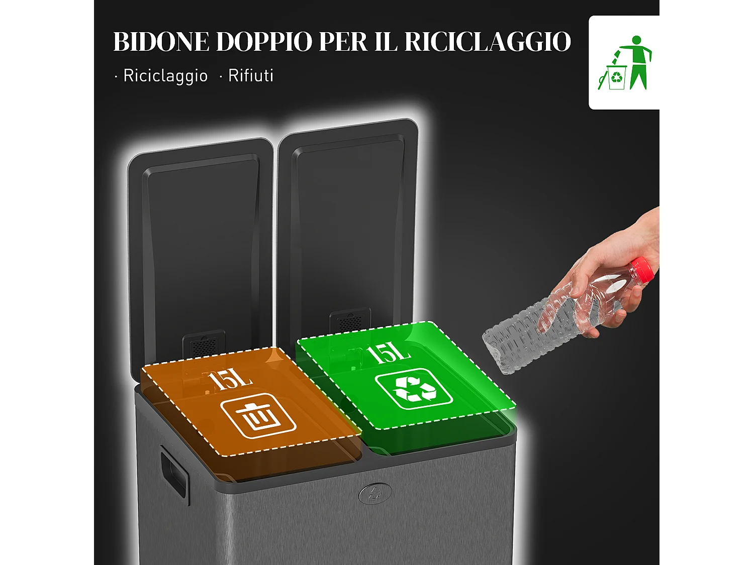 Bidone immondizia a 2 sezioni da 15l in acciaio e pp nero