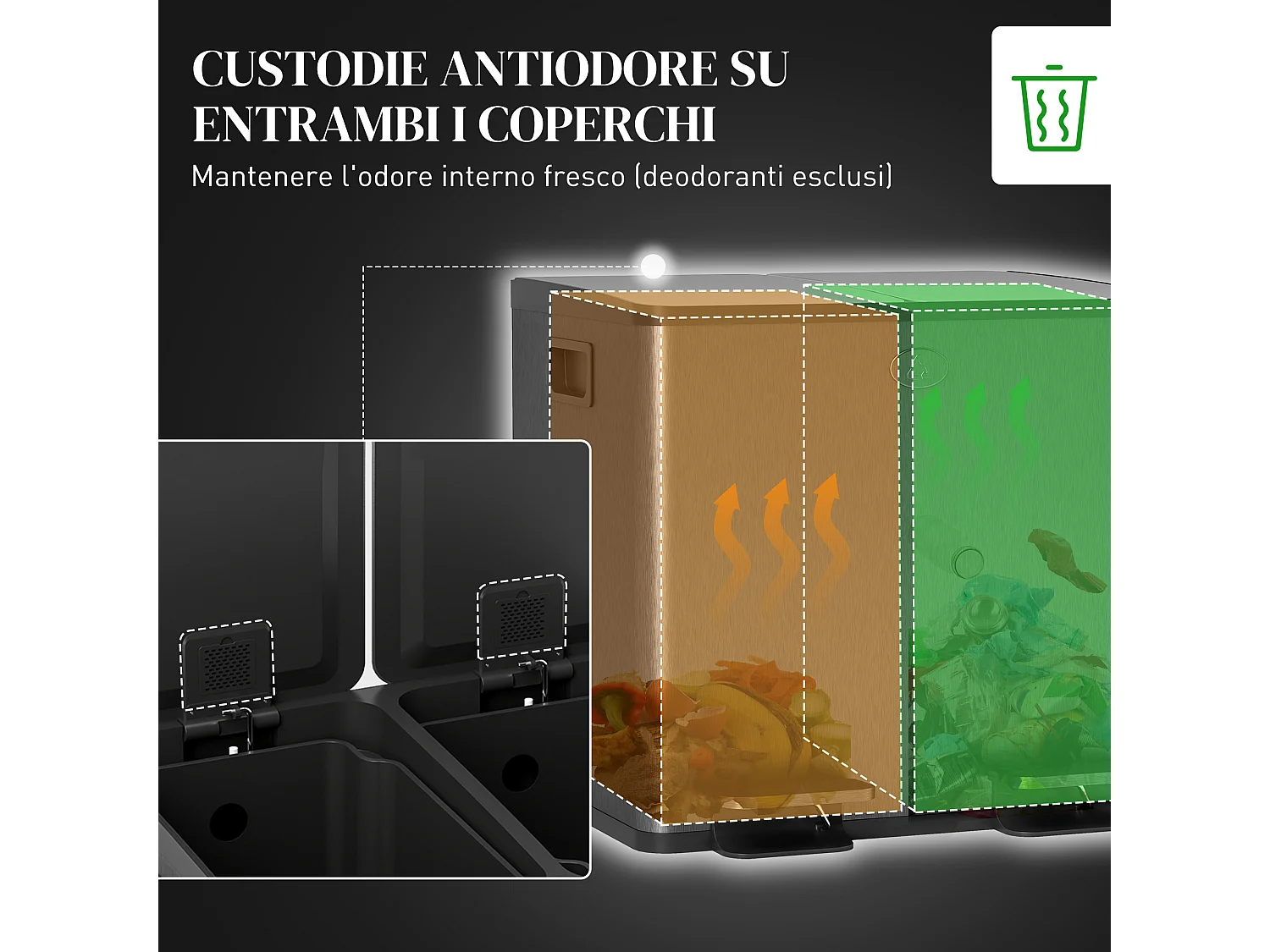 Bidone immondizia a 2 sezioni da 15l in acciaio e pp nero