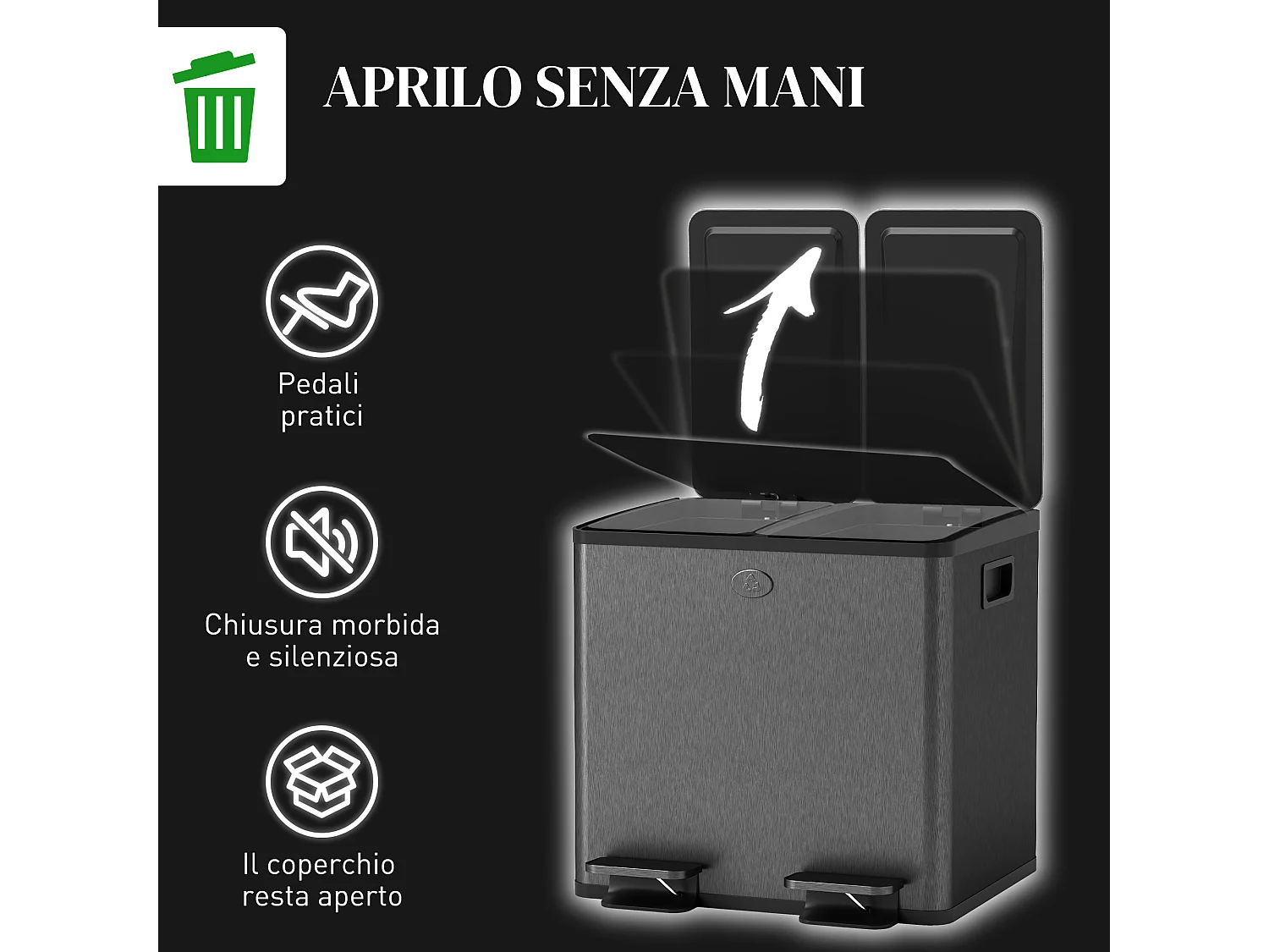 Bidone immondizia a 2 sezioni da 15l in acciaio e pp nero