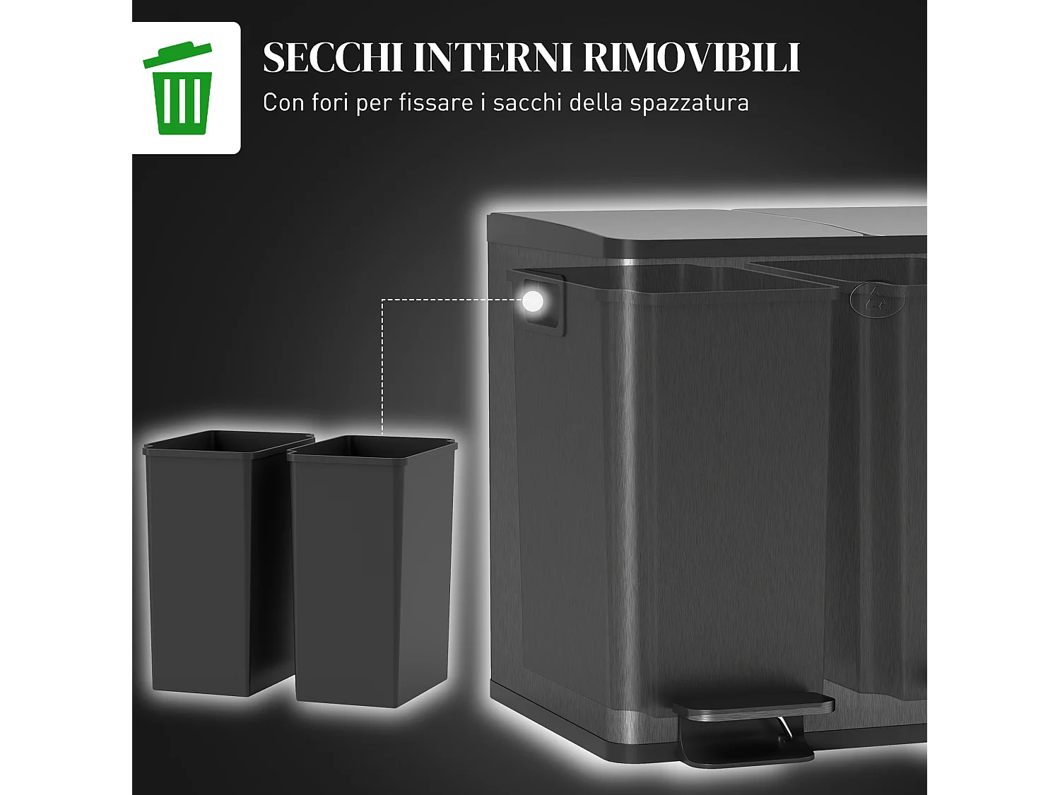 Bidone immondizia a 2 sezioni da 15l in acciaio e pp nero