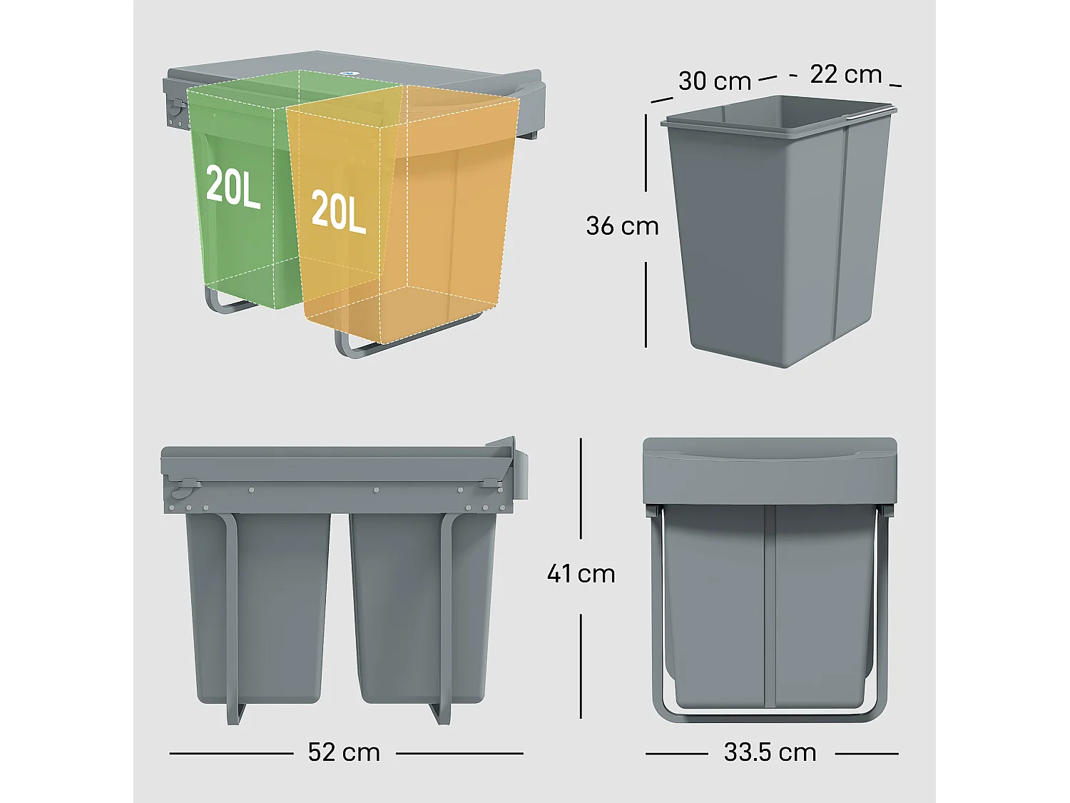 Pattumiera estraibile sottolavello per differenziata 2 secchi 20L+20L