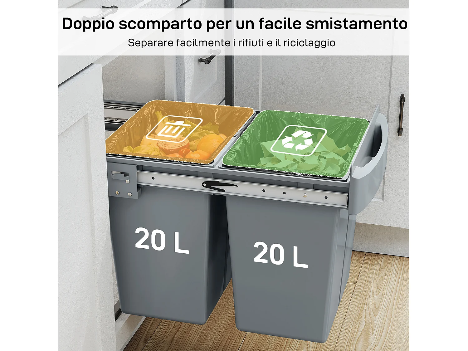Pattumiera estraibile sottolavello per differenziata 2 secchi 20L+20L