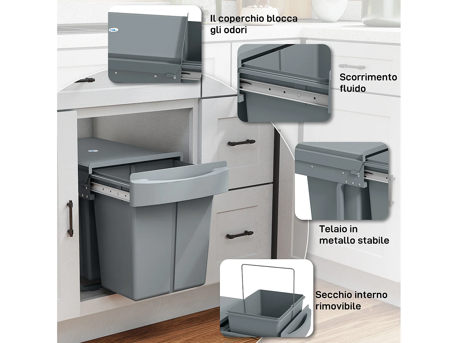 Pattumiera estraibile sottolavello per differenziata 2 secchi 20L+20L