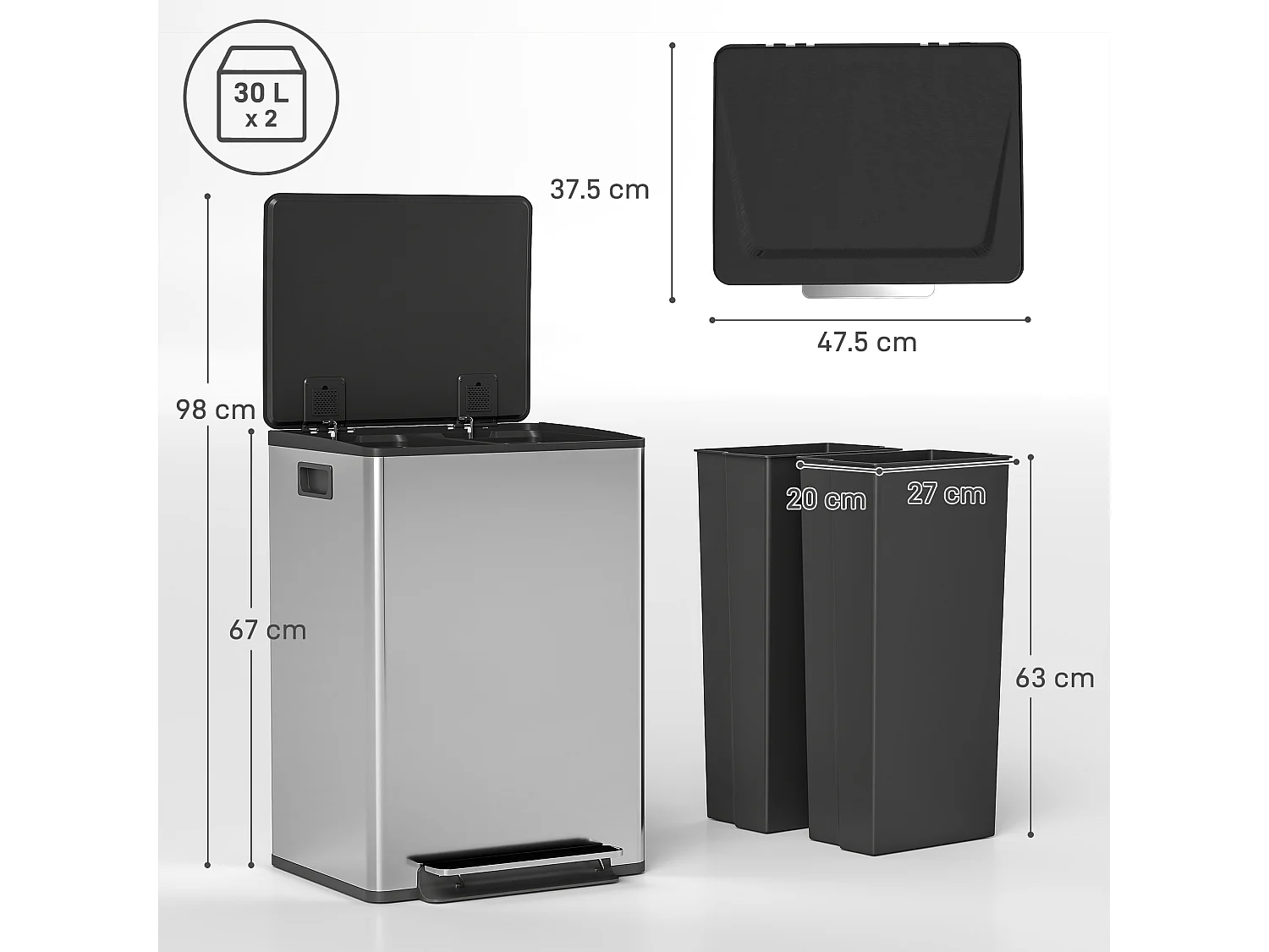 Pattumiera doppia a pedale con 2 secchi da 30 litri rimovibili