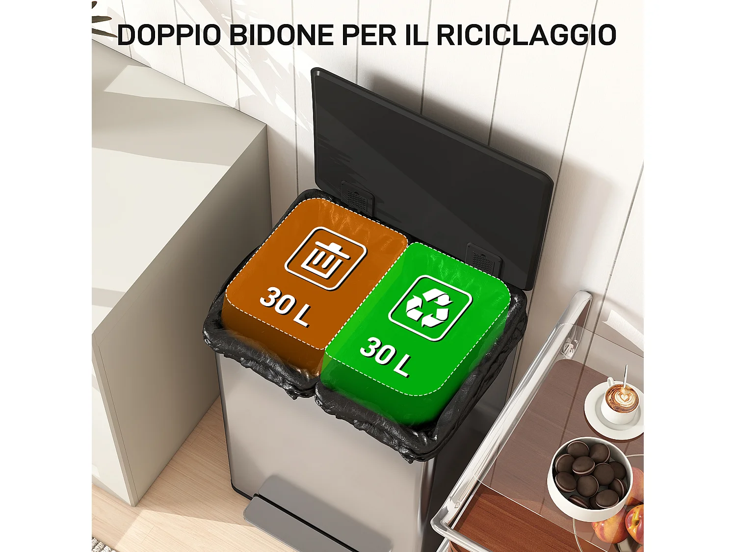 Pattumiera doppia a pedale con 2 secchi da 30 litri rimovibili