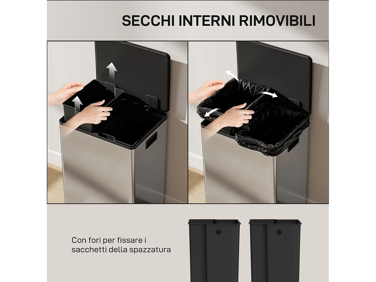 Pattumiera doppia a pedale con 2 secchi da 30 litri rimovibili