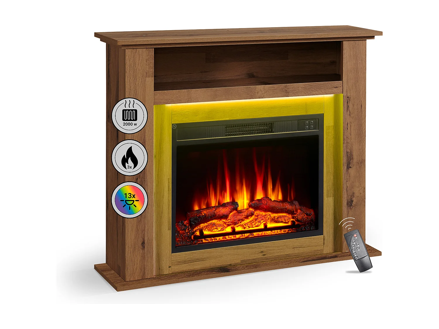 Cheminée électrique BALDERIA Liora - Cheminée sur pied, tablette, chauffage - Chêne foncé