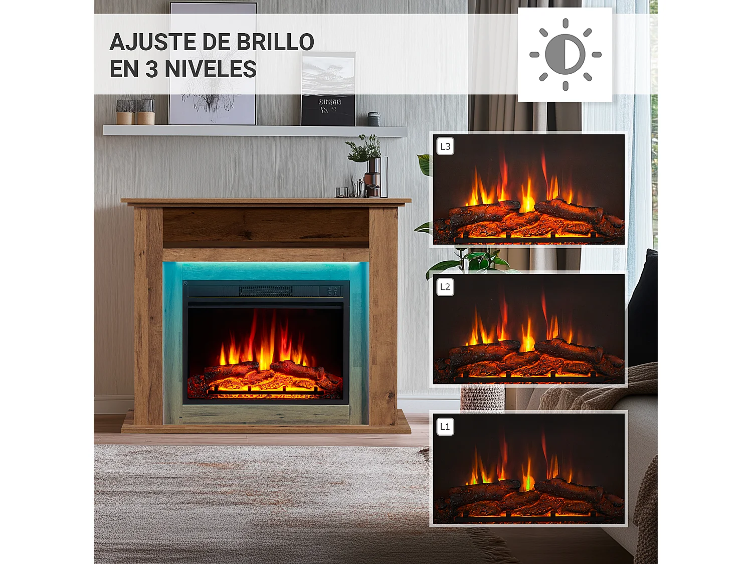 Cheminée électrique BALDERIA Liora - Cheminée sur pied, tablette, chauffage - Chêne foncé