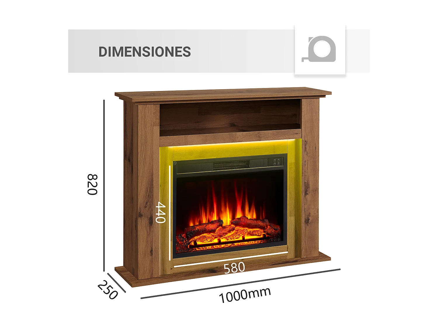 Cheminée électrique BALDERIA Liora - Cheminée sur pied, tablette, chauffage - Chêne foncé