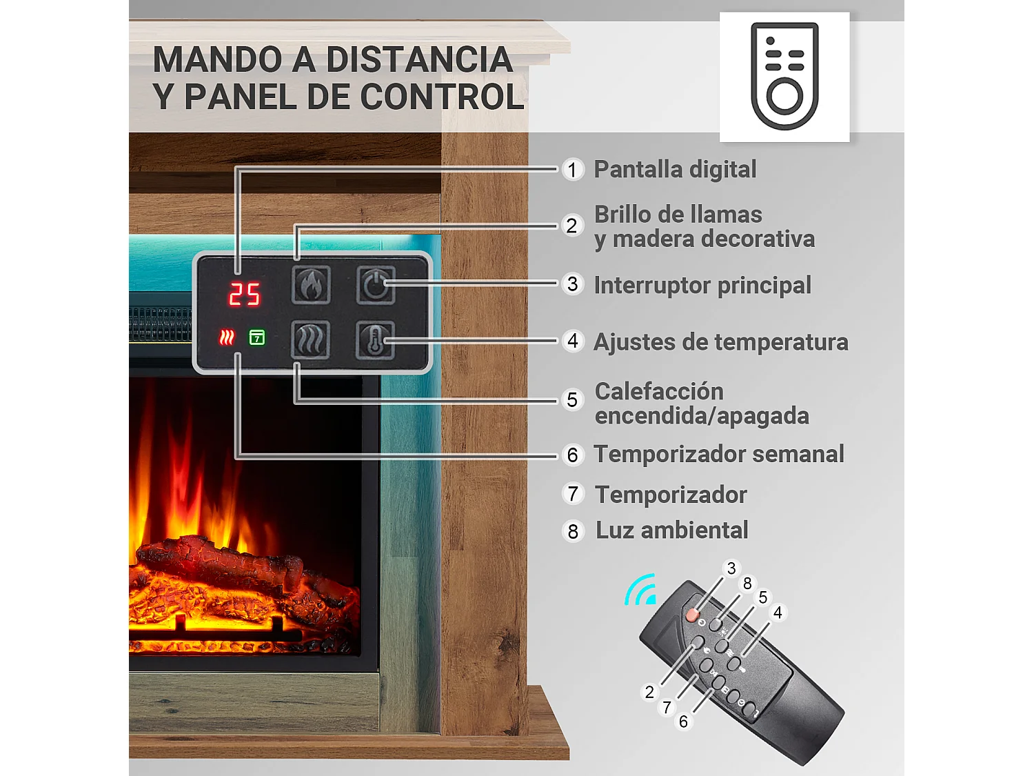 Cheminée électrique BALDERIA Liora - Cheminée sur pied, tablette, chauffage - Chêne foncé
