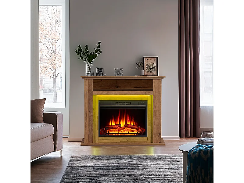 Cheminée électrique BALDERIA Liora - Cheminée sur pied, tablette, chauffage - Chêne foncé